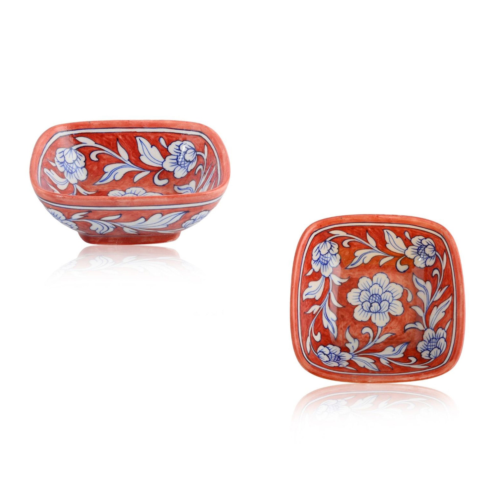Set of 2 Floral Pattern Blue Pottery Bowls—Maroon—4”