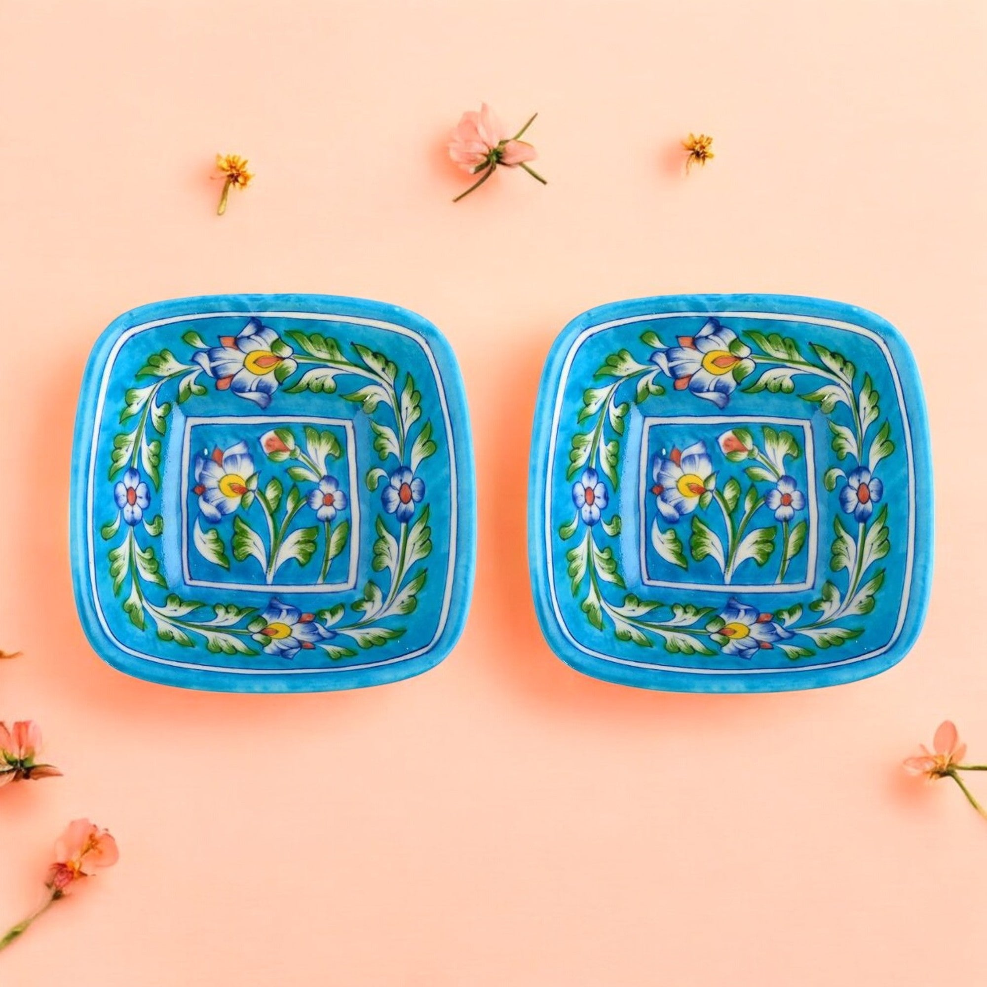 Set of 2 Floral Pattern Blue Pottery Bowls—Turquoise—4”