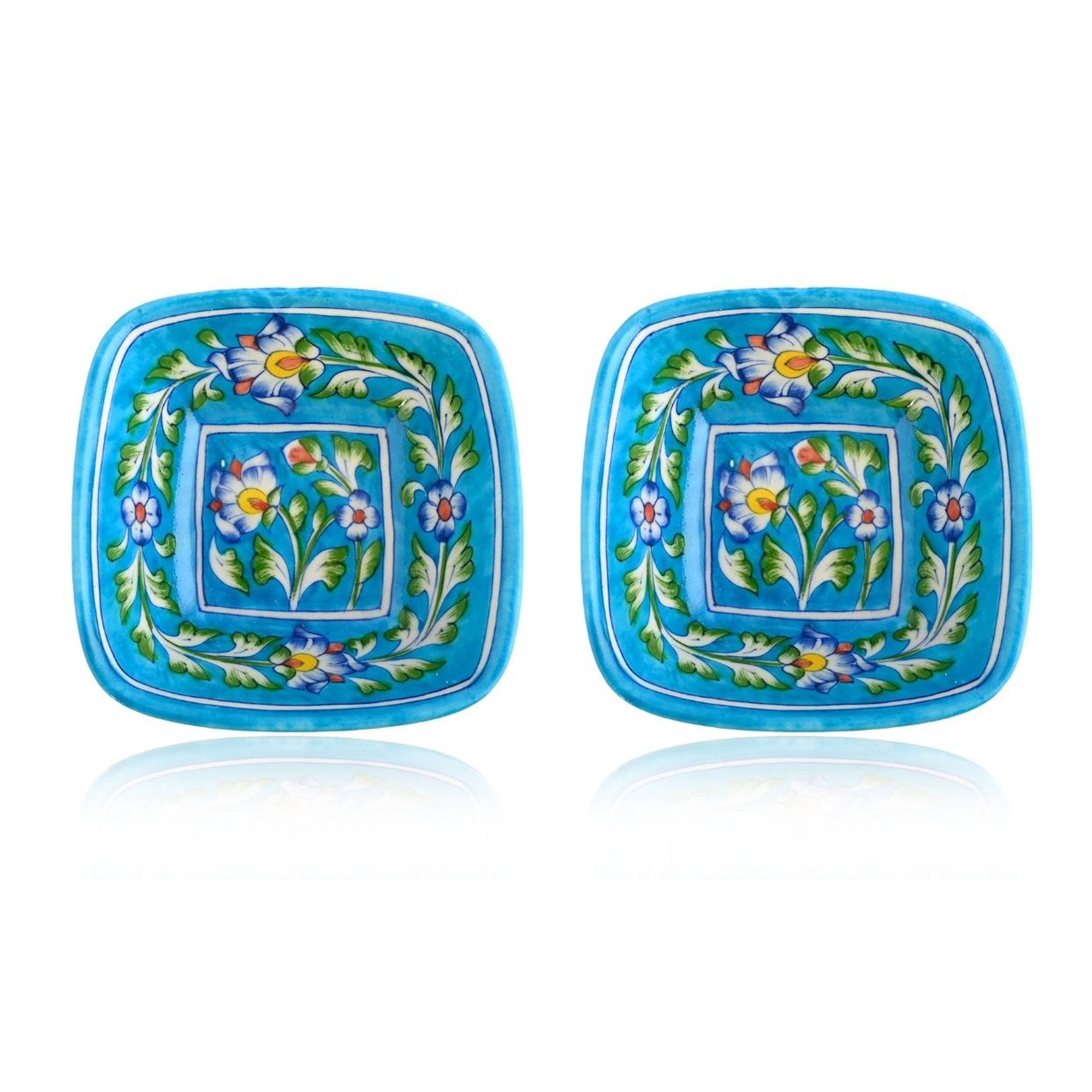 Set of 2 Floral Pattern Blue Pottery Bowls—Turquoise—4”