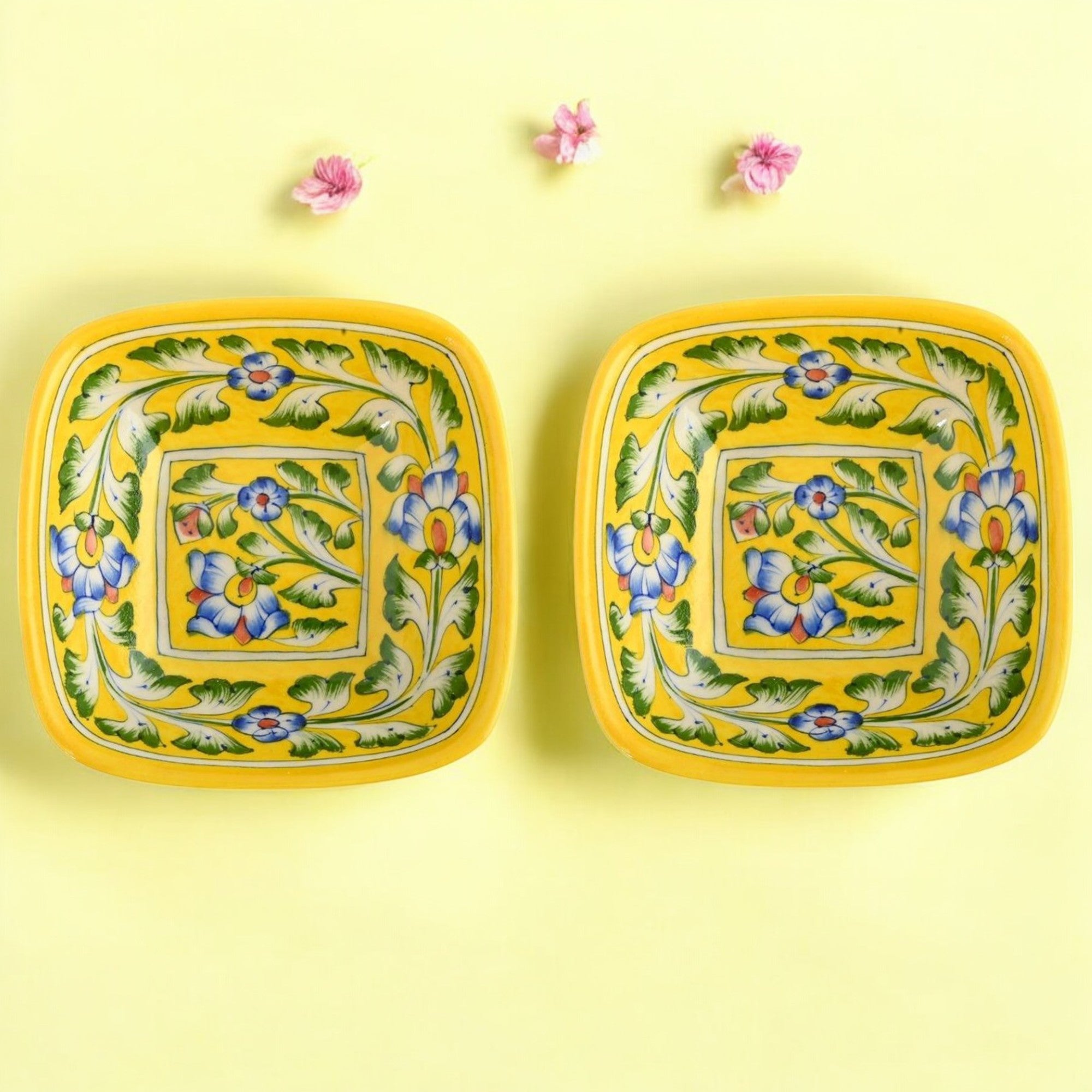 Set of 2 Floral Pattern Blue Pottery Bowls—Yellow—4”