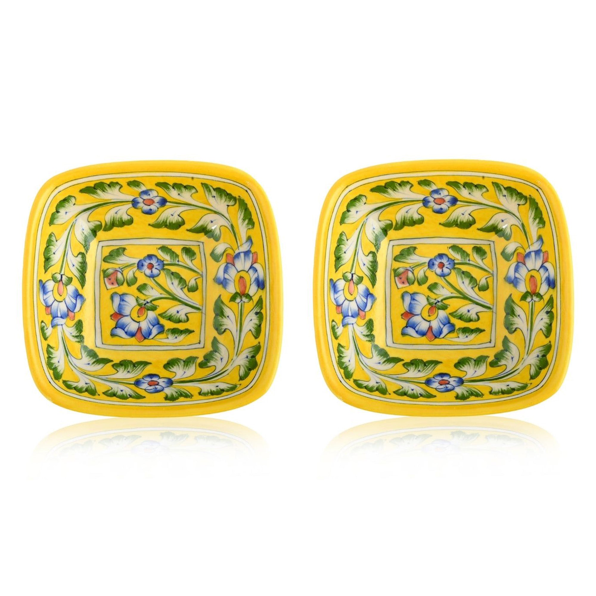 Set of 2 Floral Pattern Blue Pottery Bowls—Yellow—4”