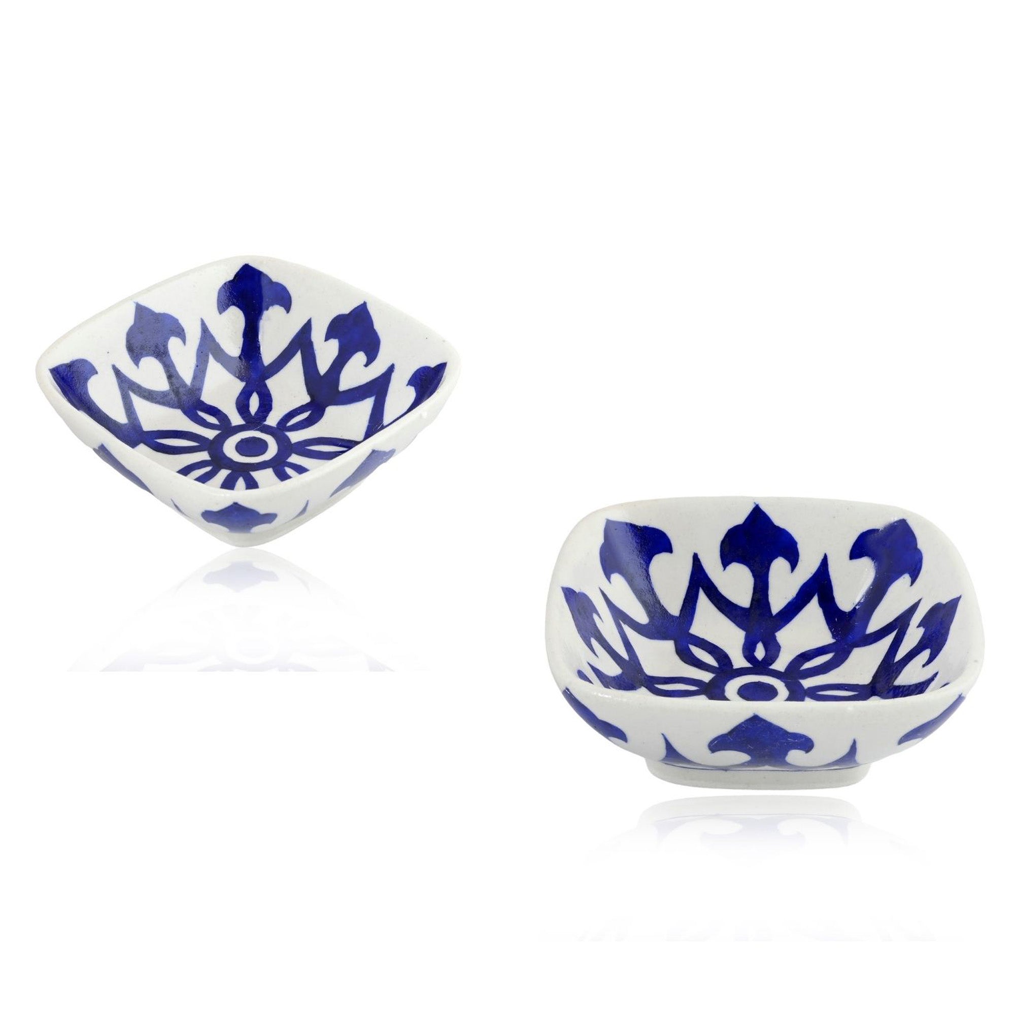 Set of 2 Floral and Geometric Pattern Blue Pottery Bowls—White—6”
