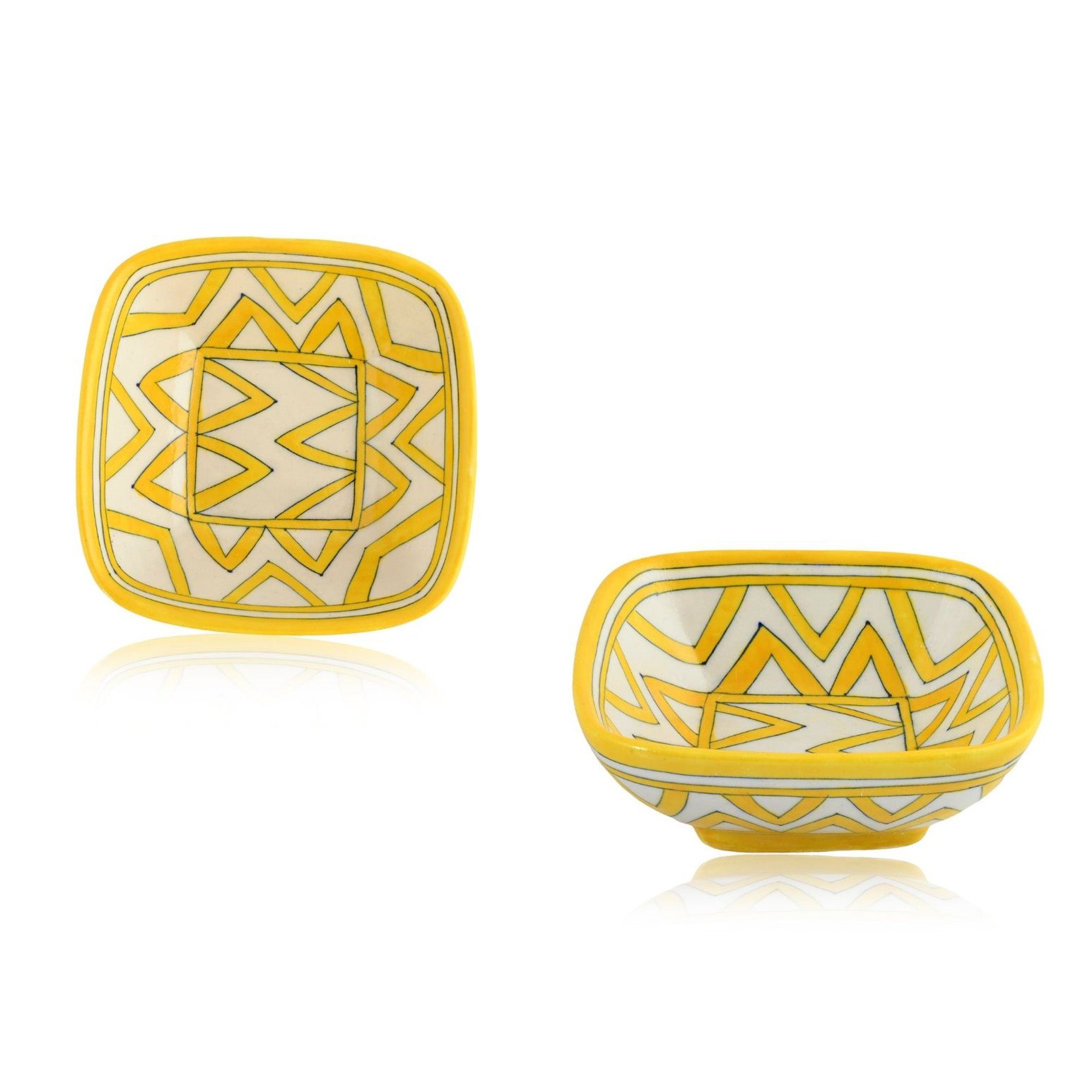 Set of 2 Geometric Pattern Blue Pottery Bowls—Yellow—4”