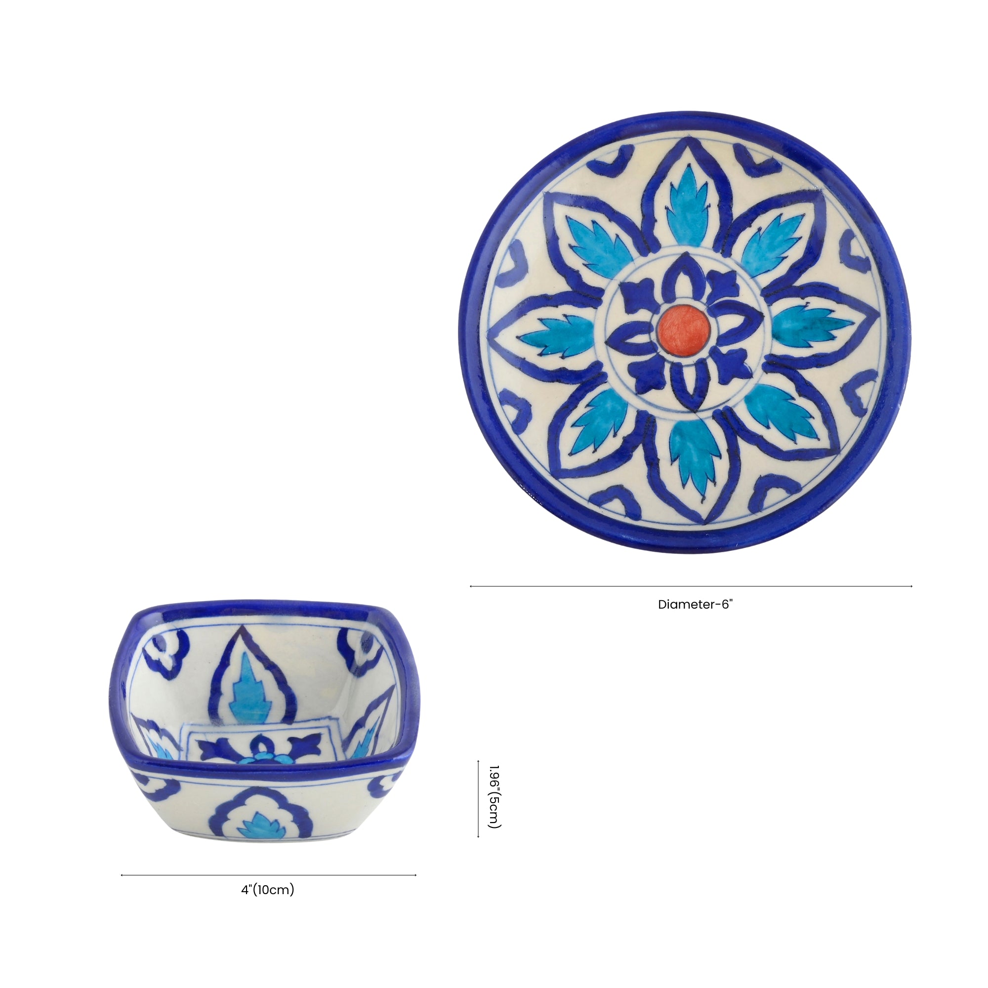 Set of 2 Jaipur Blue Pottery Bowls – Handcrafted Round & Square Floral Design Bowls for Serving & Décor