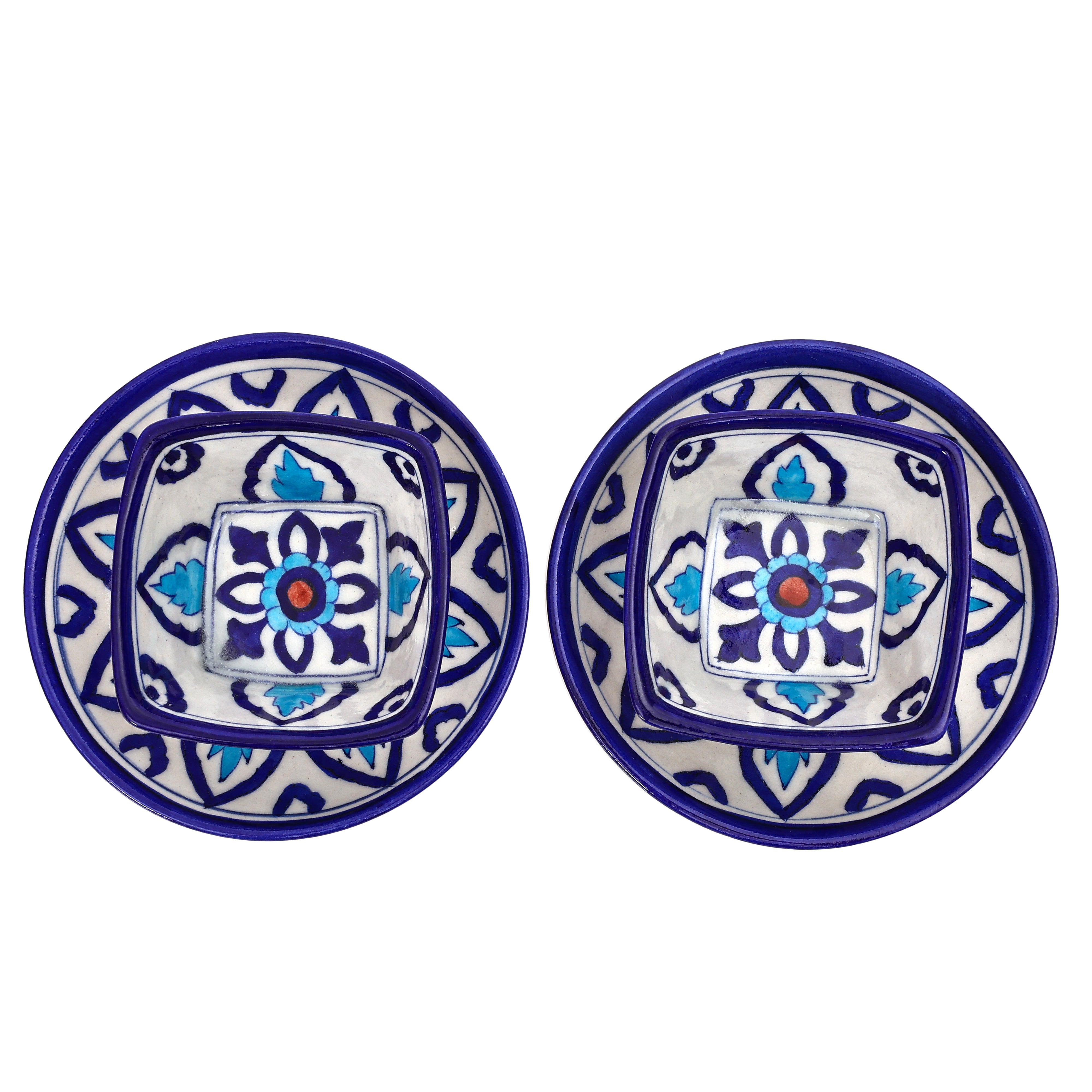 Set of 2 Jaipur Blue Pottery Bowls – Handcrafted Round & Square Floral Design Bowls for Serving & Décor