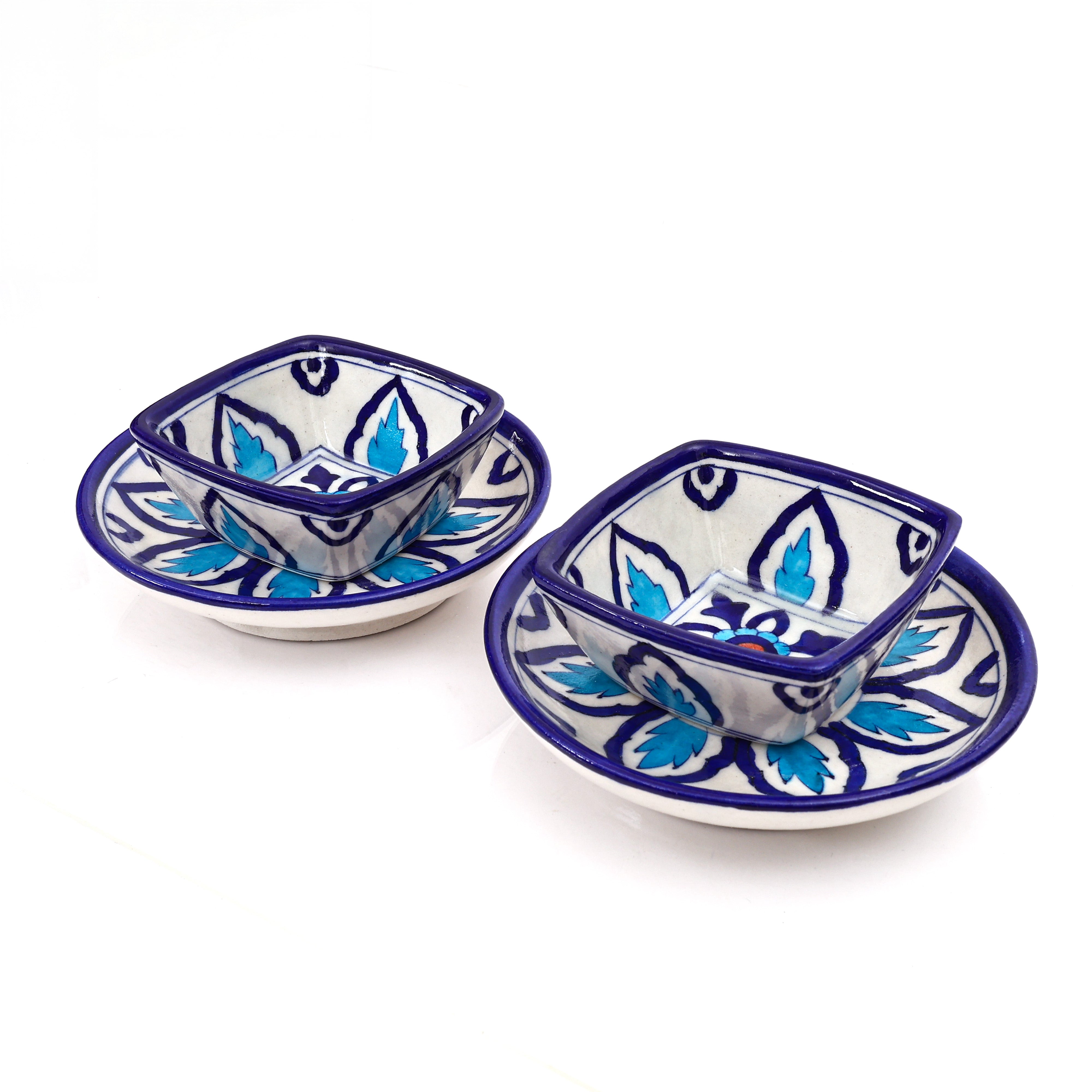 Set of 2 Jaipur Blue Pottery Bowls – Handcrafted Round & Square Floral Design Bowls for Serving & Décor