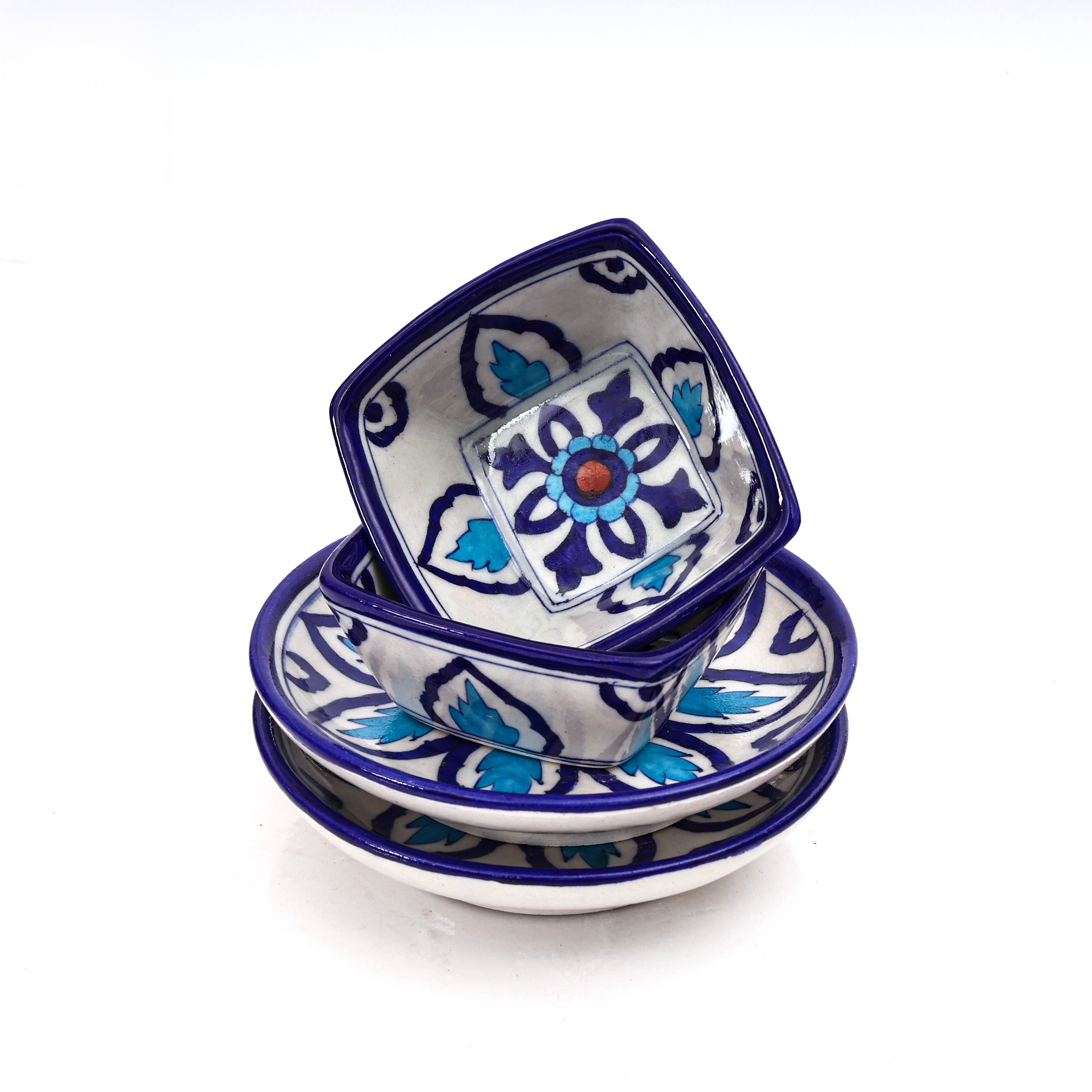 Set of 2 Jaipur Blue Pottery Bowls – Handcrafted Round & Square Floral Design Bowls for Serving & Décor