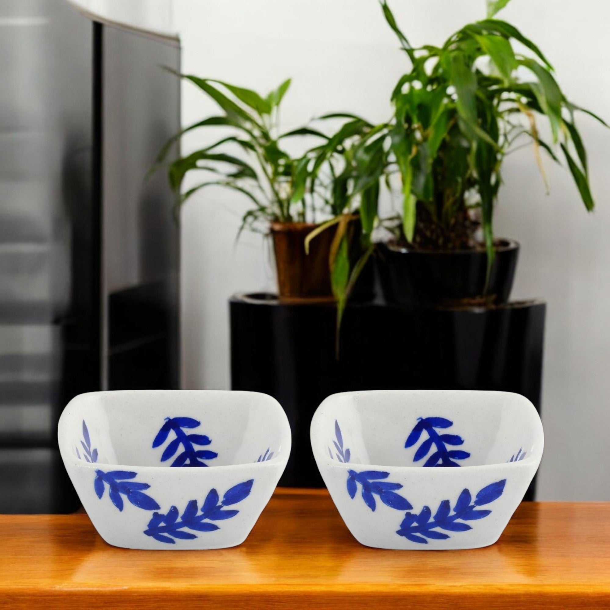 Set of 2 Leafy Pattern Blue Pottery Bowls—White