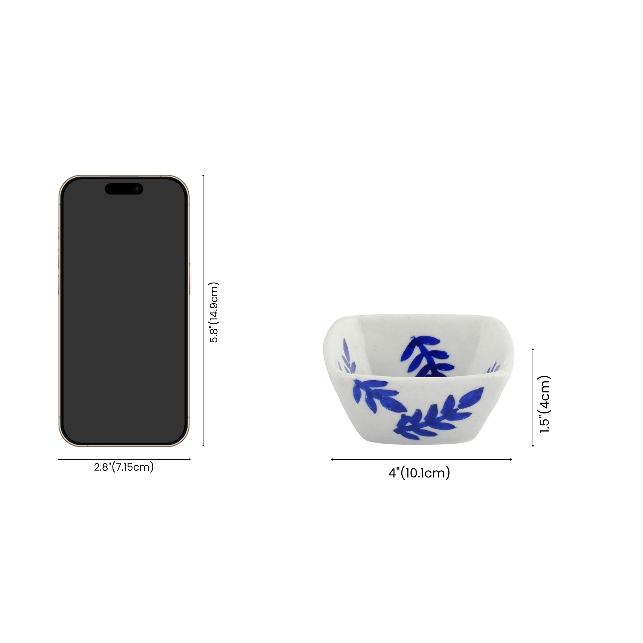 Set of 2 Leafy Pattern Blue Pottery Bowls—White
