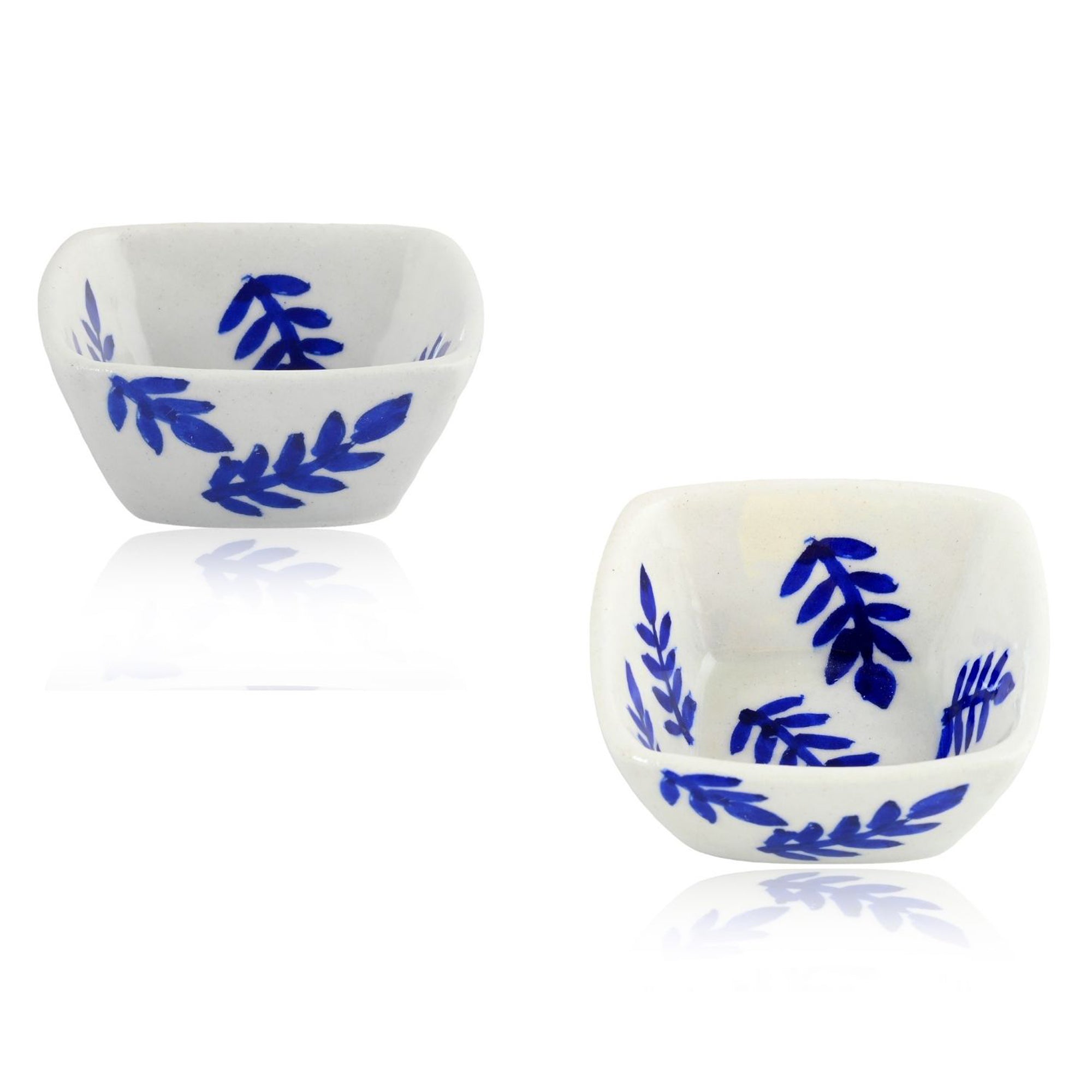 Set of 2 Leafy Pattern Blue Pottery Bowls—White