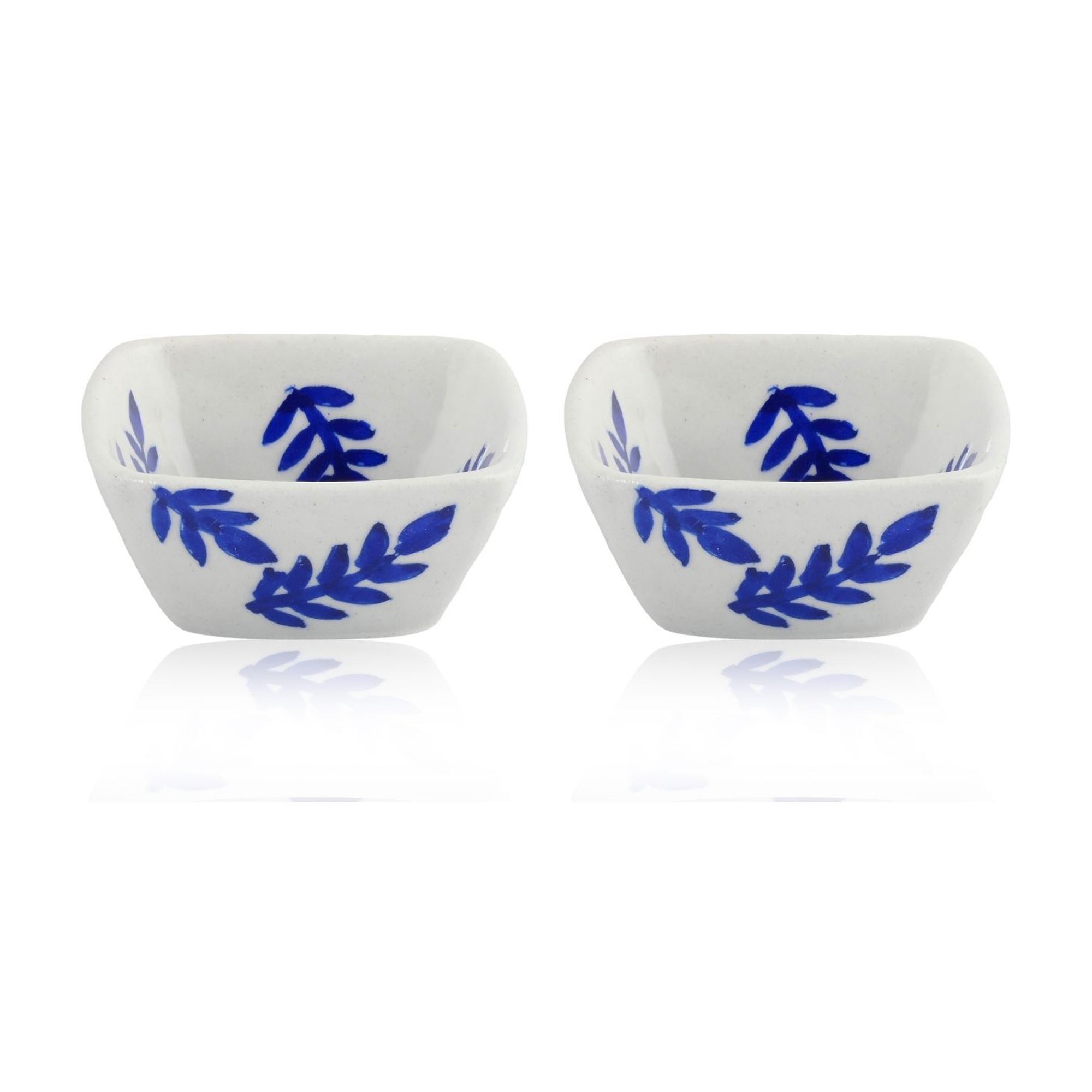 Set of 2 Leafy Pattern Blue Pottery Bowls—White