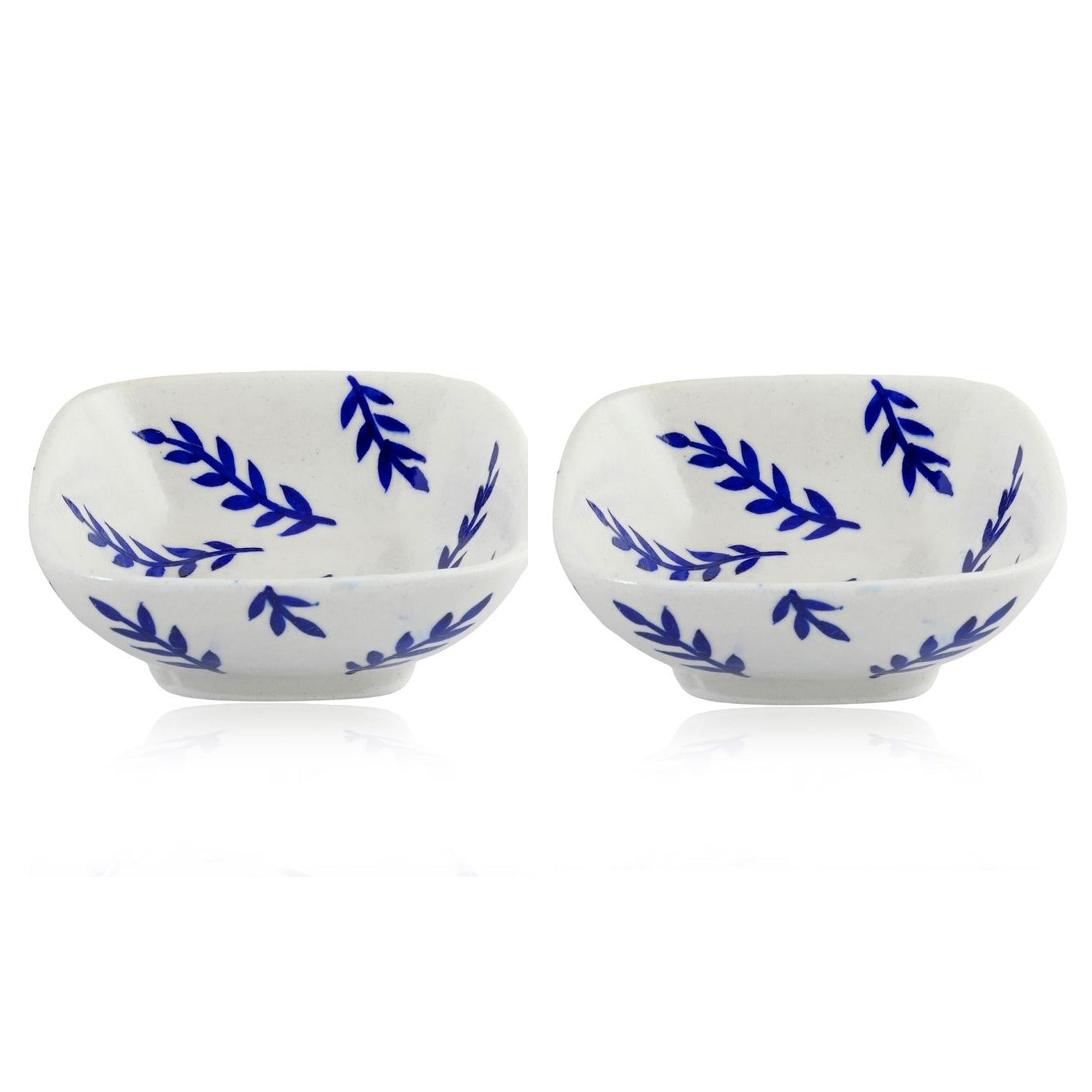 Set of 2 Leafy Pattern Blue Pottery Bowls—White—6”