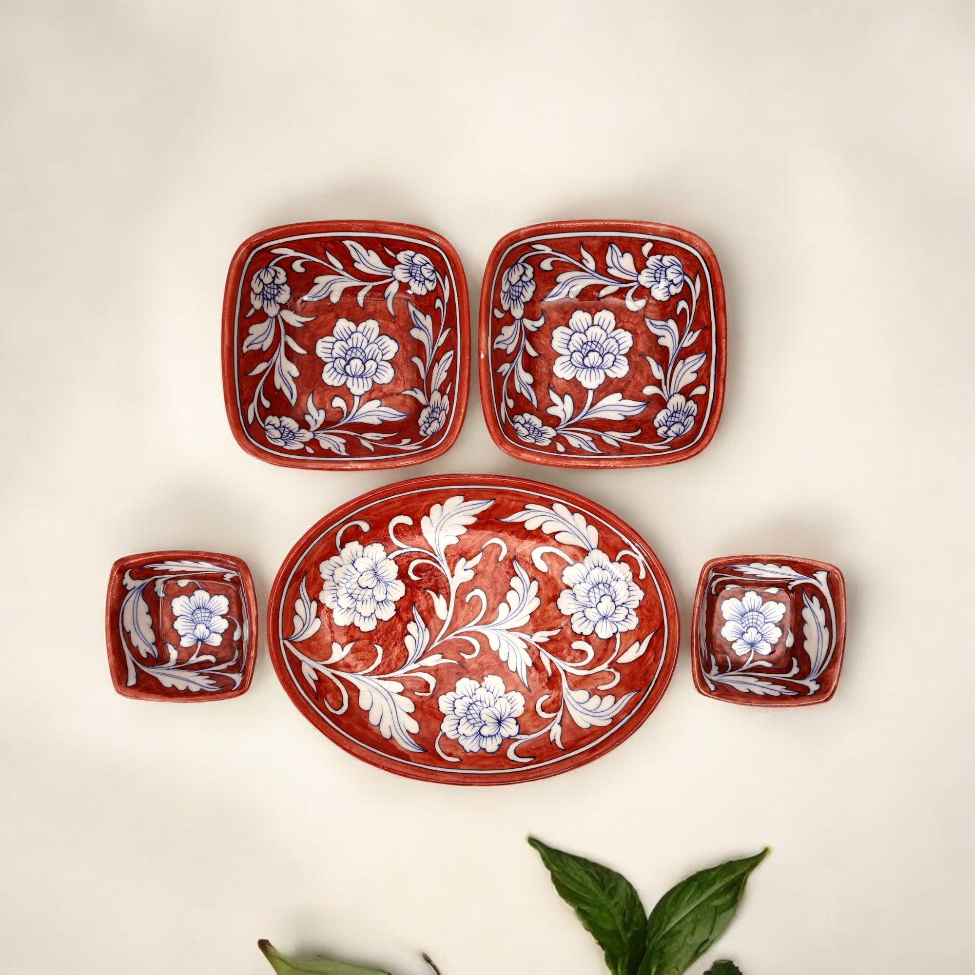 Set of 3 Handcrafted Jaipur Blue Pottery Bowls – Oval & Round Floral Bowls