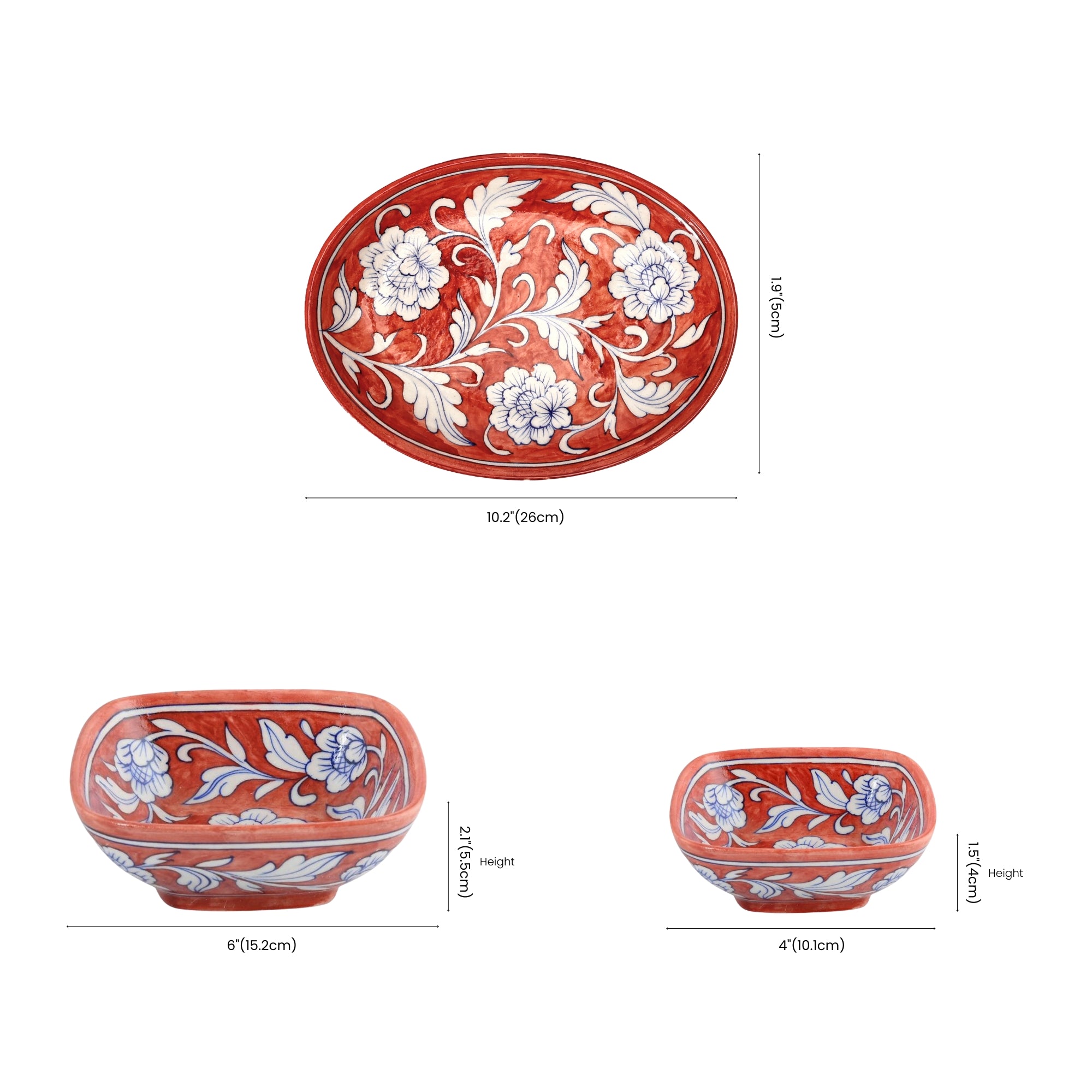Set of 3 Handcrafted Jaipur Blue Pottery Bowls – Oval & Round Floral Bowls