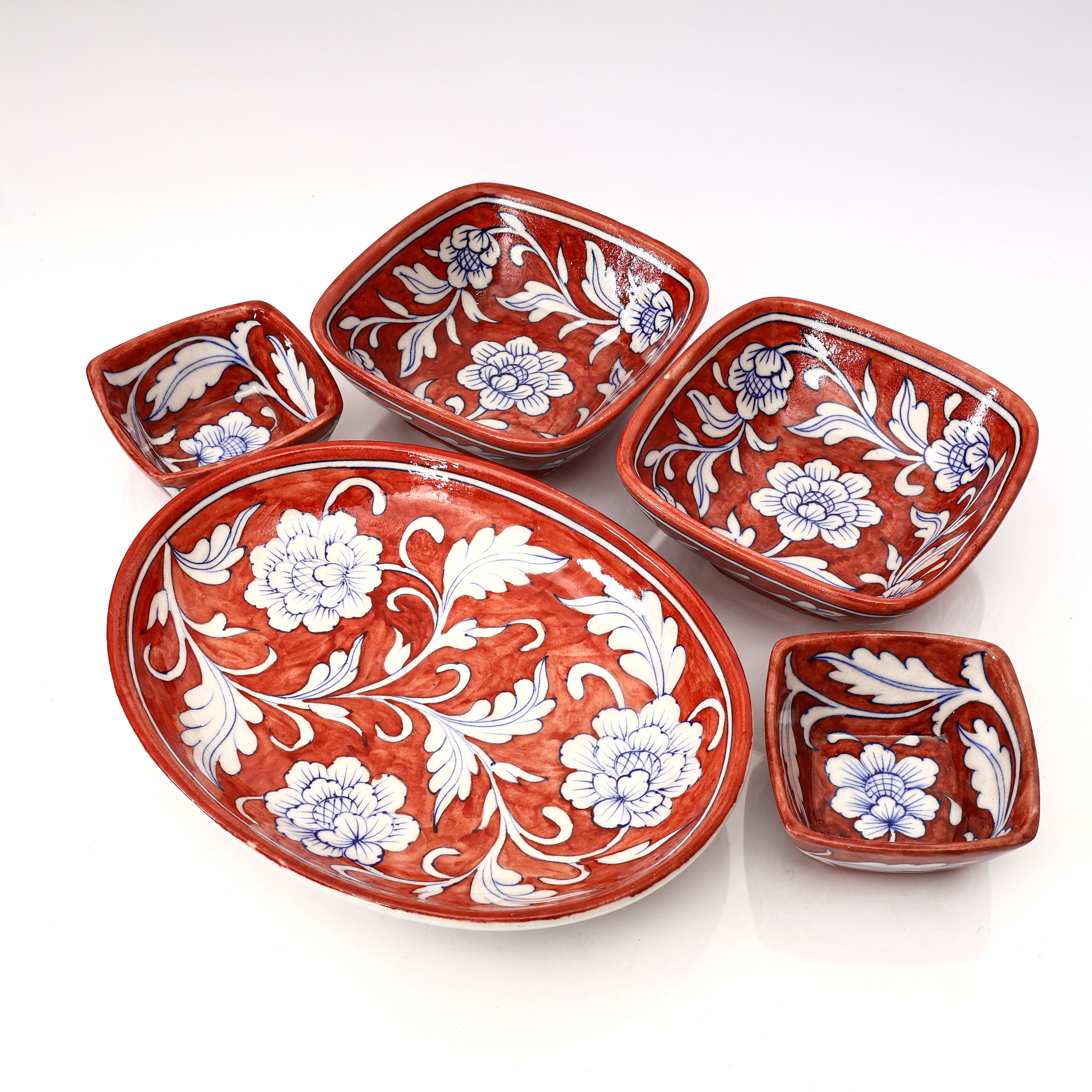 Set of 3 Handcrafted Jaipur Blue Pottery Bowls – Oval & Round Floral Bowls