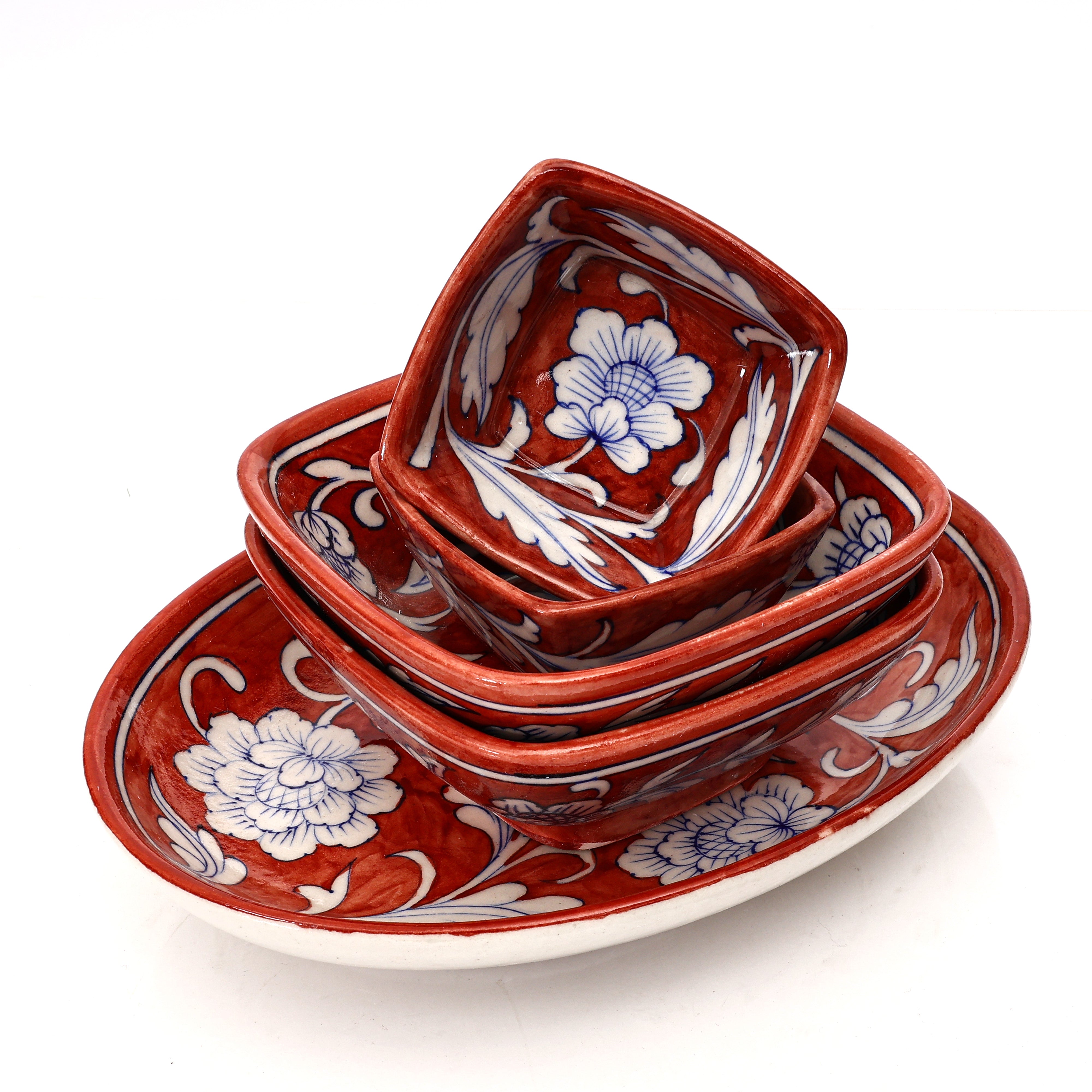 Set of 3 Handcrafted Jaipur Blue Pottery Bowls – Oval & Round Floral Bowls