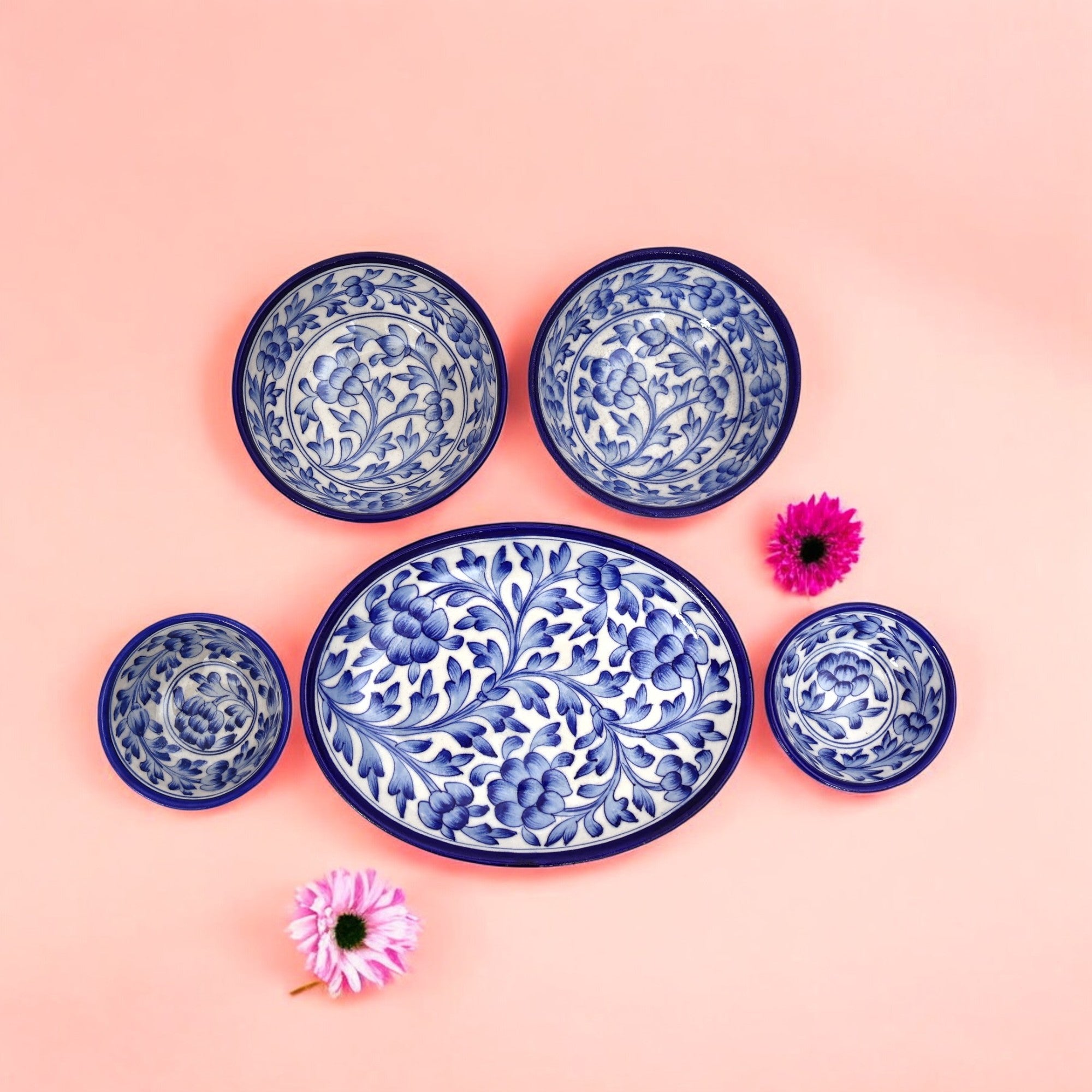 Set of 3 Jaipur Blue Pottery – Floral Oval Platter & Matching Bowls | Handcrafted Tableware for Home Décor & Serving
