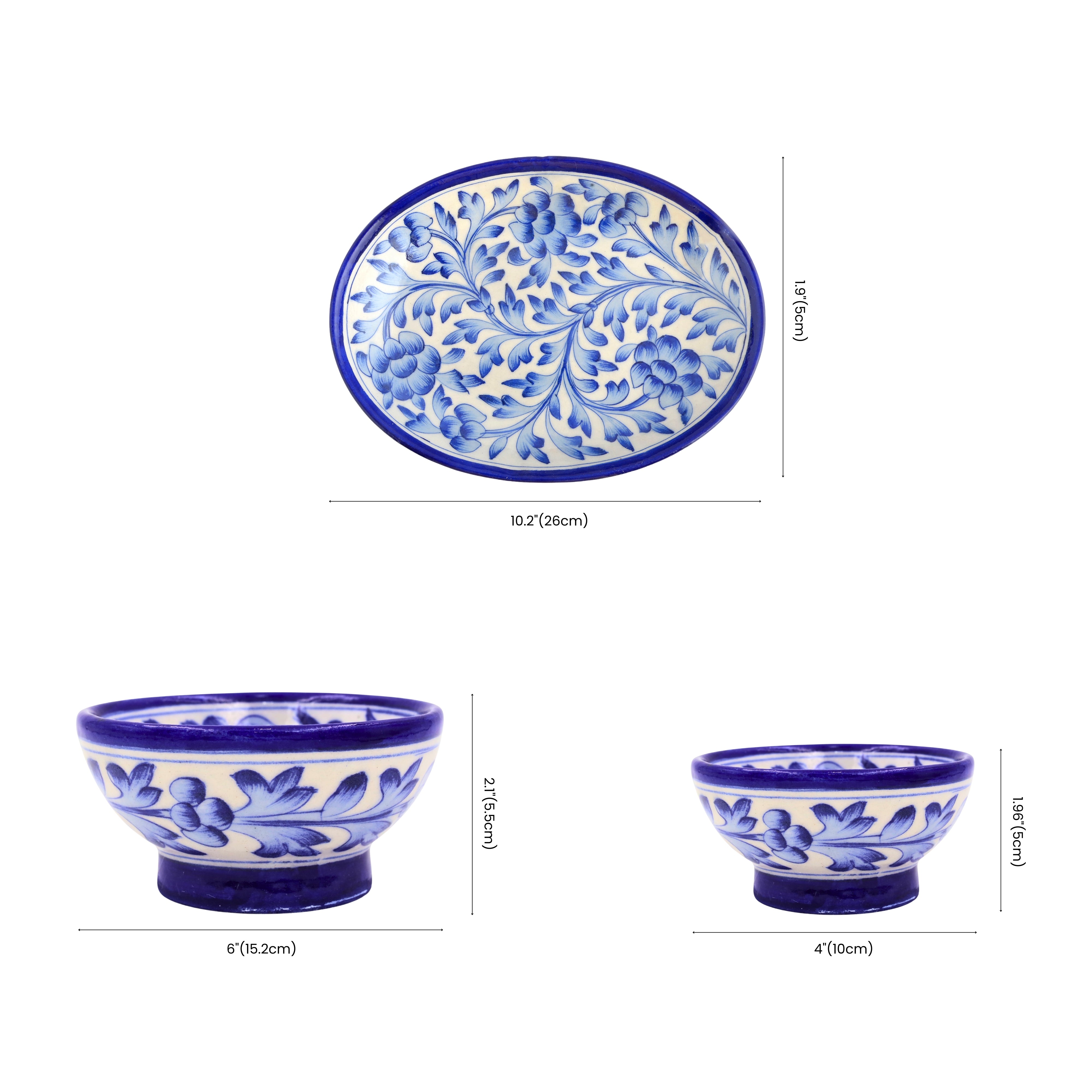 Set of 3 Jaipur Blue Pottery – Floral Oval Platter & Matching Bowls | Handcrafted Tableware for Home Décor & Serving
