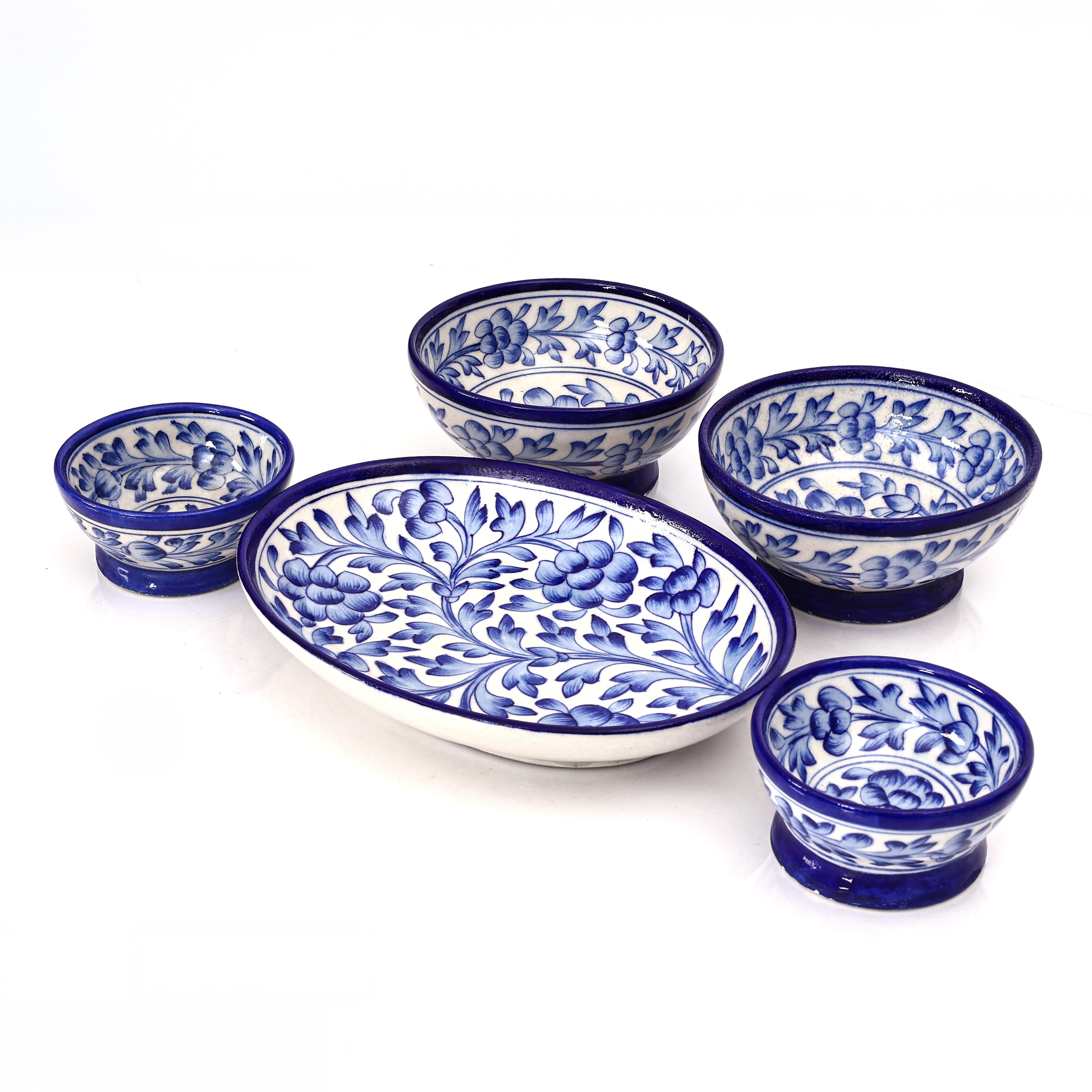 Set of 3 Jaipur Blue Pottery – Floral Oval Platter & Matching Bowls | Handcrafted Tableware for Home Décor & Serving