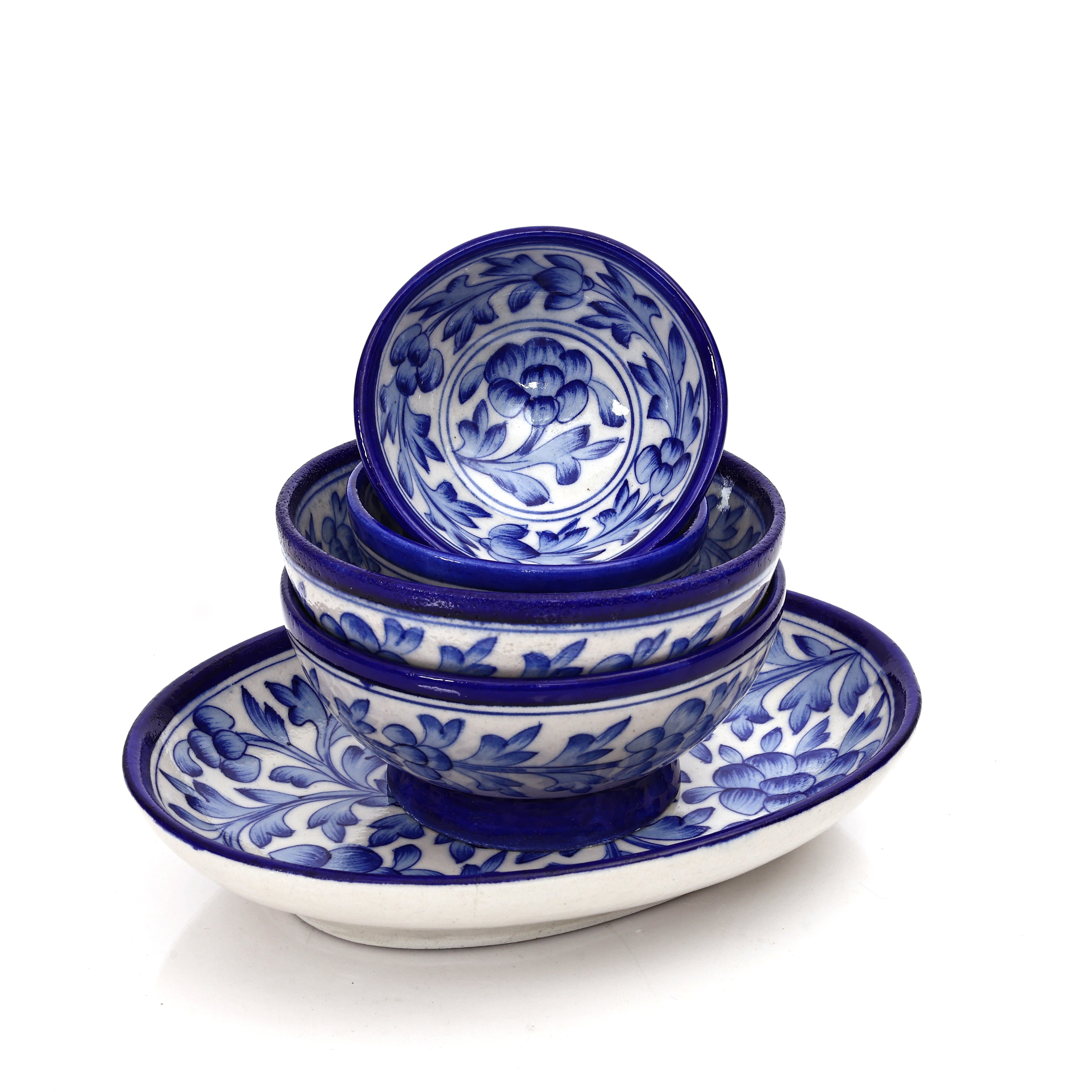 Set of 3 Jaipur Blue Pottery – Floral Oval Platter & Matching Bowls | Handcrafted Tableware for Home Décor & Serving