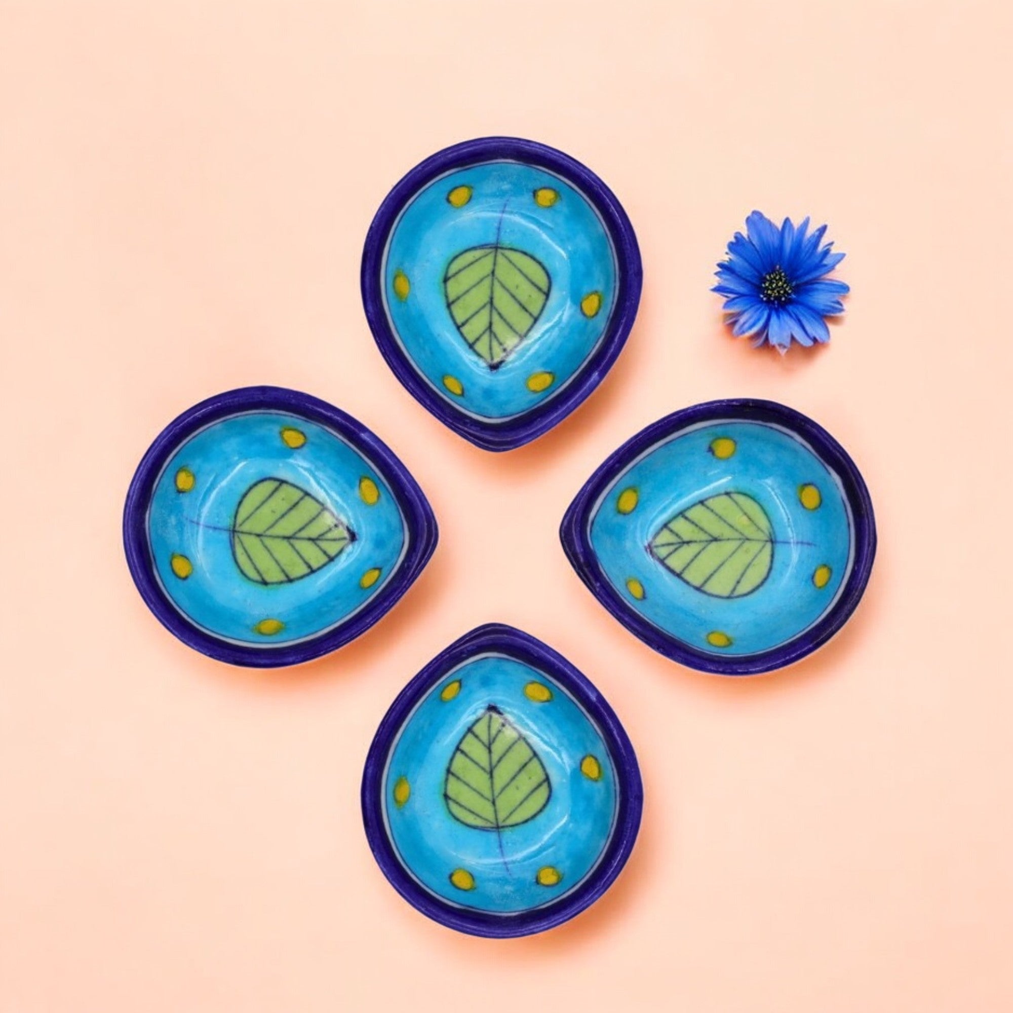 Set of 4 Blue Pottery Royal and Sky Blue Diyas