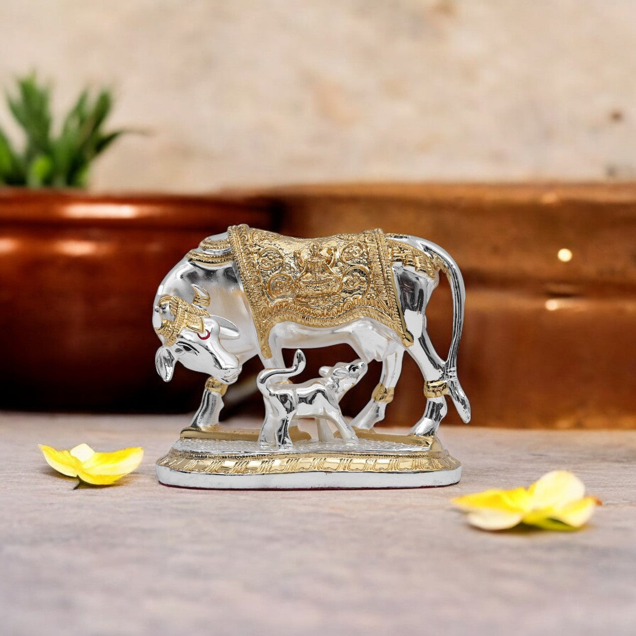 Silver-Golden plated Divine Kamdhenu Cow and Calf
