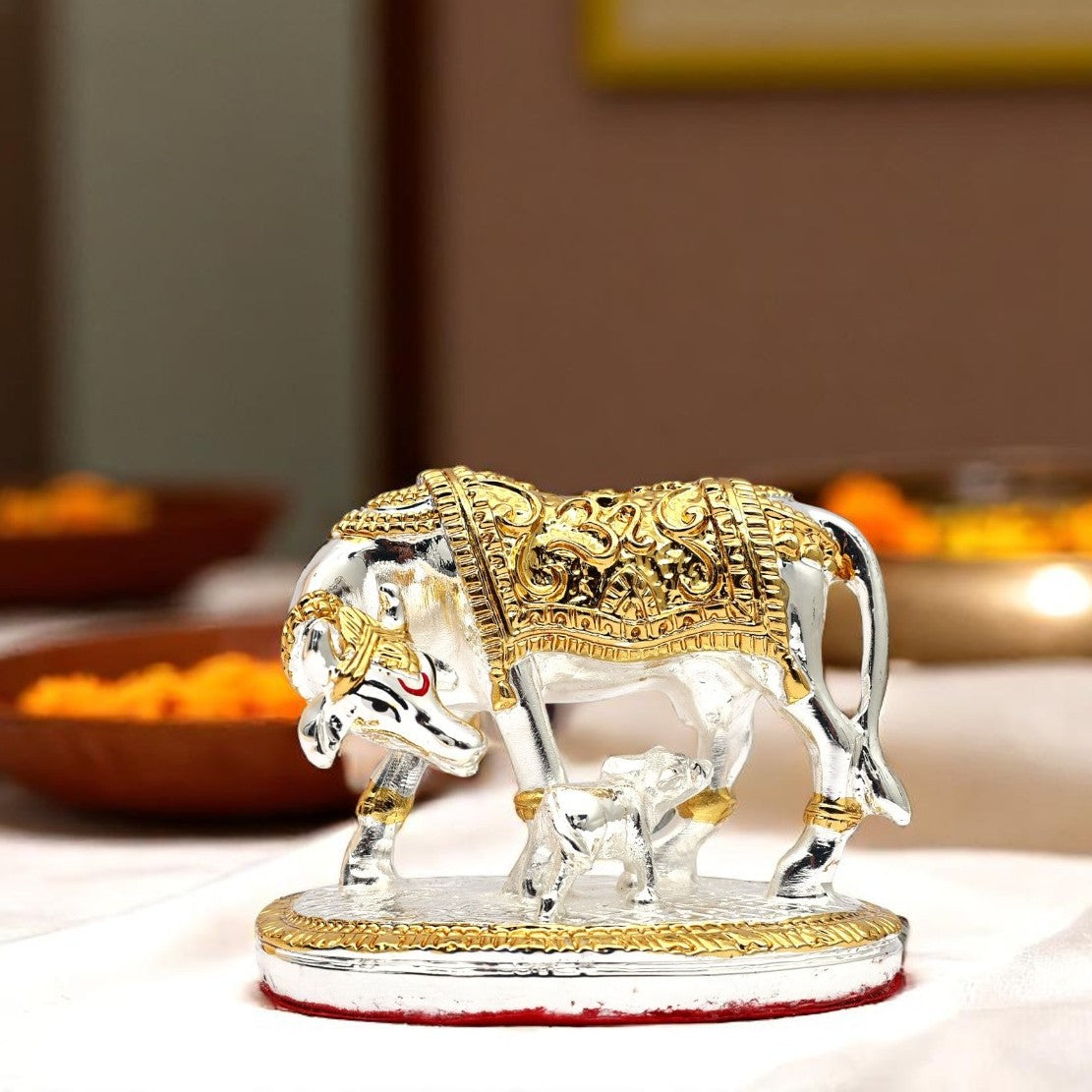 Silver-Golden plated Divine Kamdhenu Cow and Calf (Small)