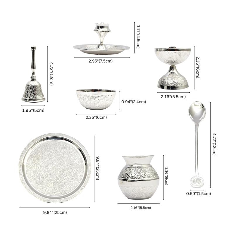 Silver plated Brass Pooja Thali set with Velvet Box (7 piece)