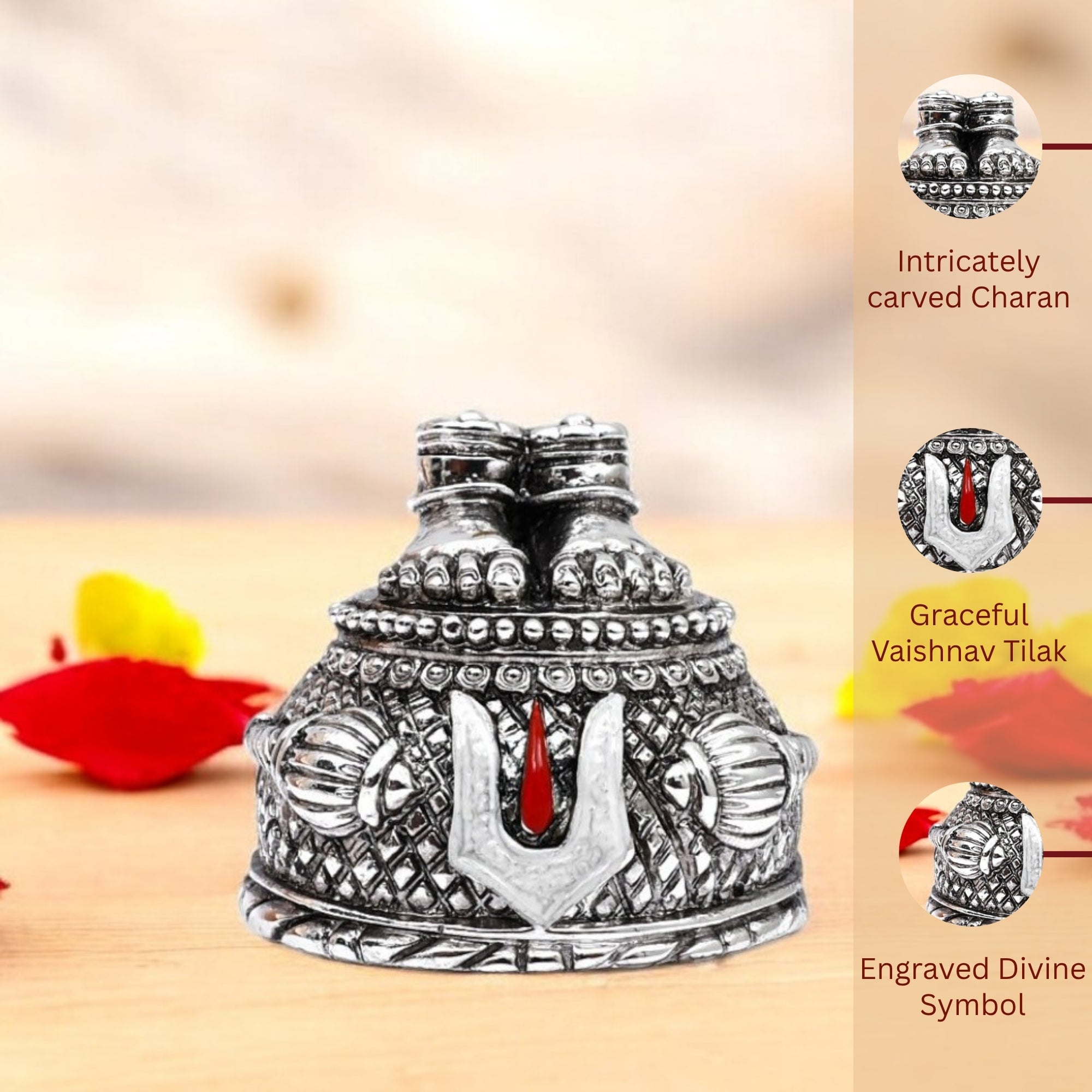 Silver thali with red tilak on a wooden surface
