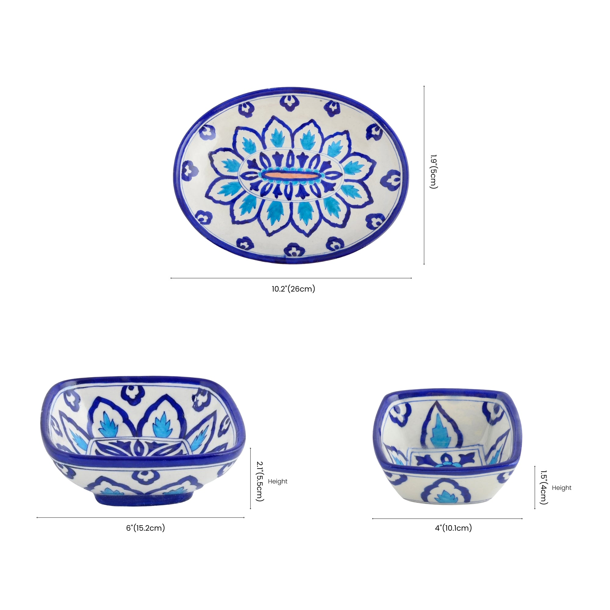 Square Blue Pottery Serving Set – Handcrafted Indigo Leaf Motif (5-Piece Set)