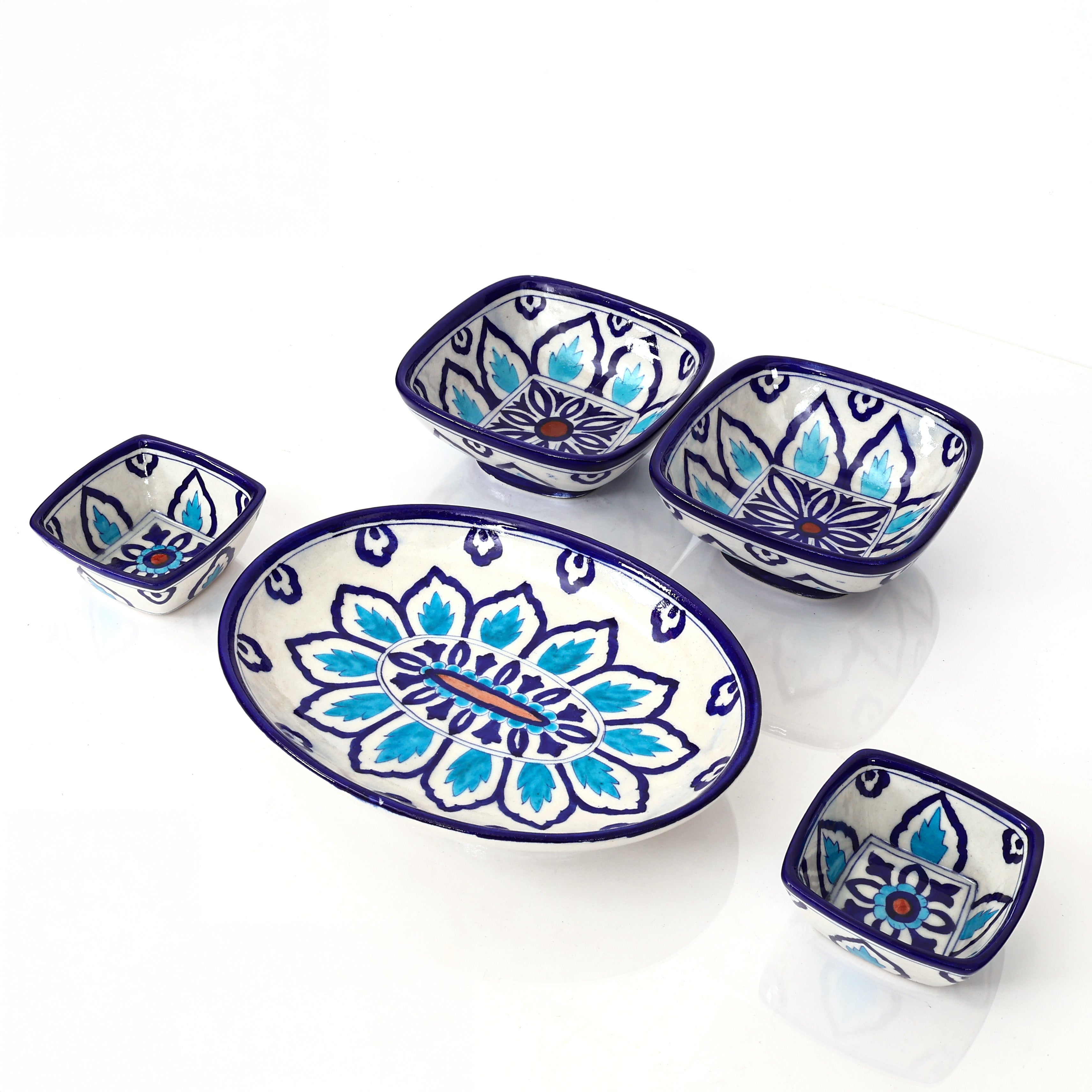 Square Blue Pottery Serving Set – Handcrafted Indigo Leaf Motif (5-Piece Set)