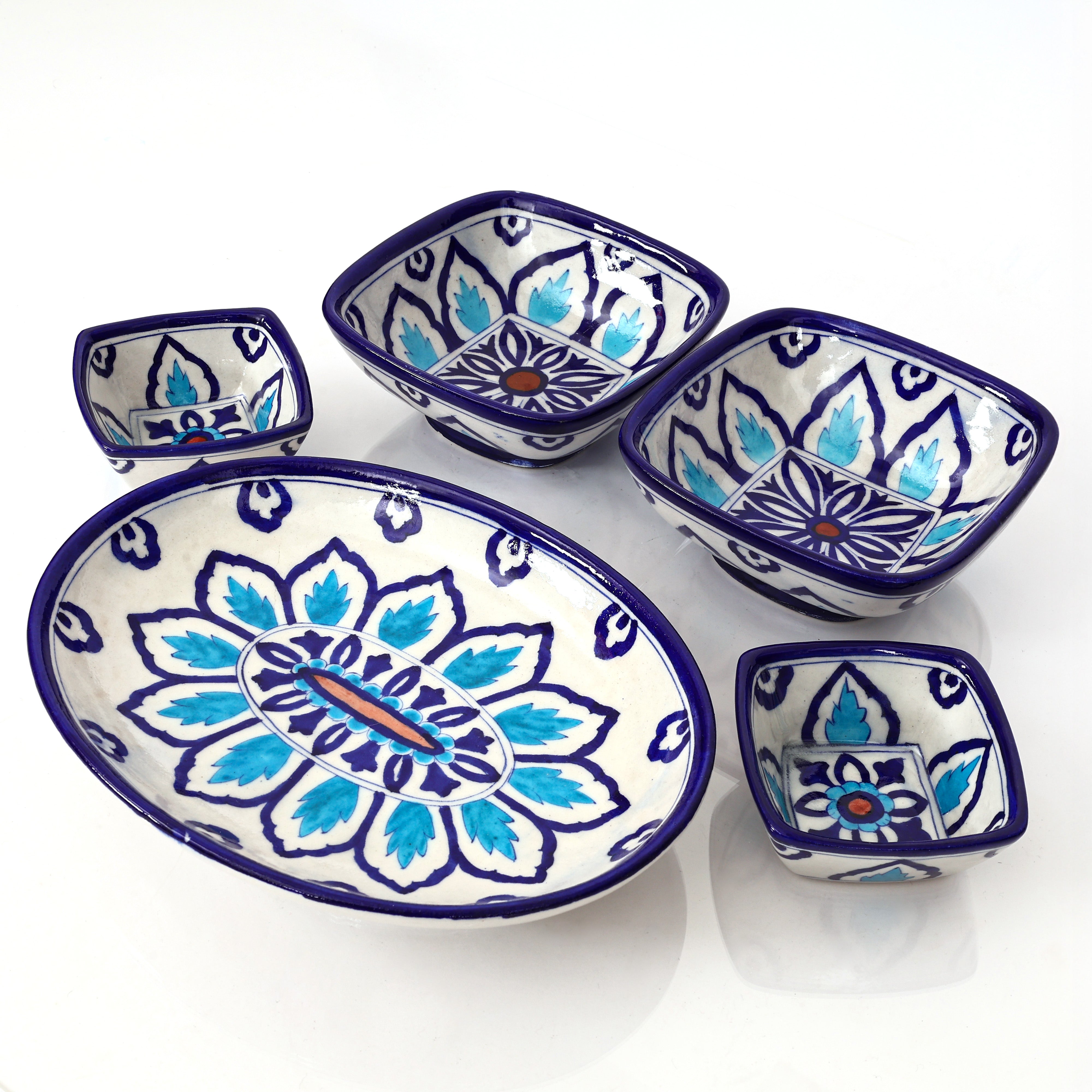 Square Blue Pottery Serving Set – Handcrafted Indigo Leaf Motif (5-Piece Set)