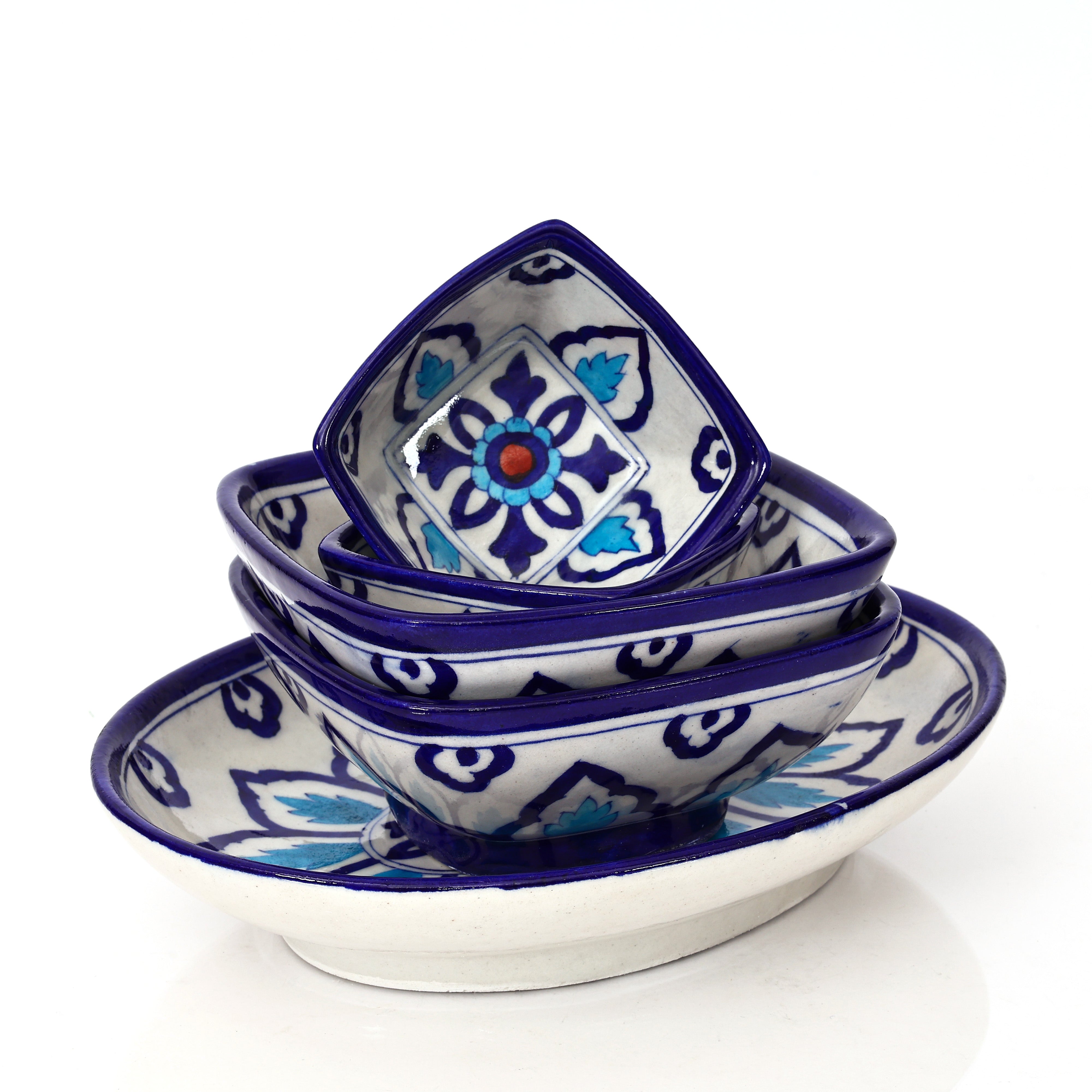 Square Blue Pottery Serving Set – Handcrafted Indigo Leaf Motif (5-Piece Set)