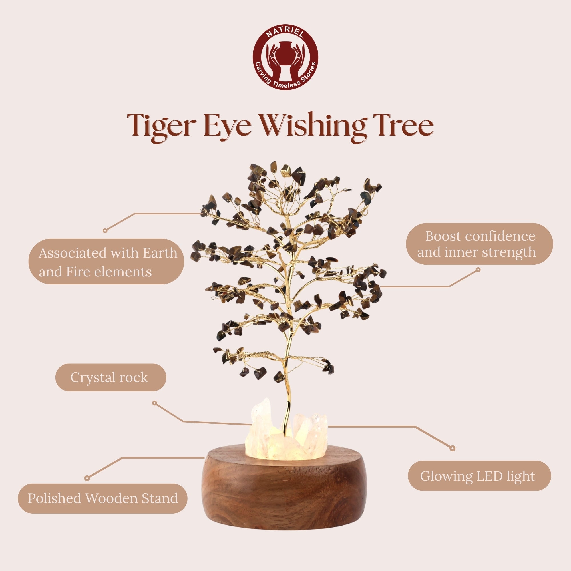 Tiger Eye Handcrafted Wish Tree Lamp with Wooden Base