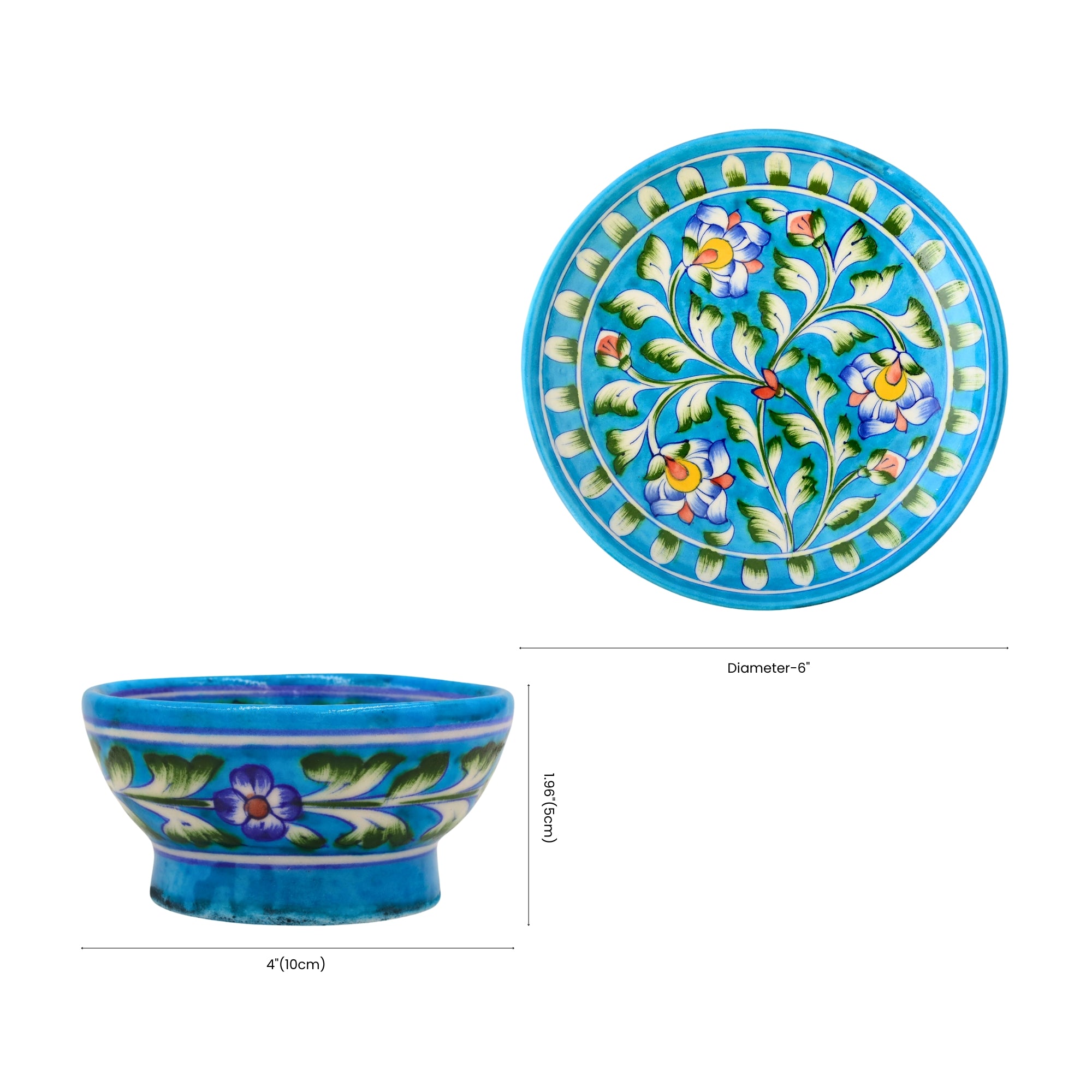 Turquoise Floral Jaipur Blue Pottery Snack Plate & Bowl Set – Handcrafted Elegance for Everyday Use