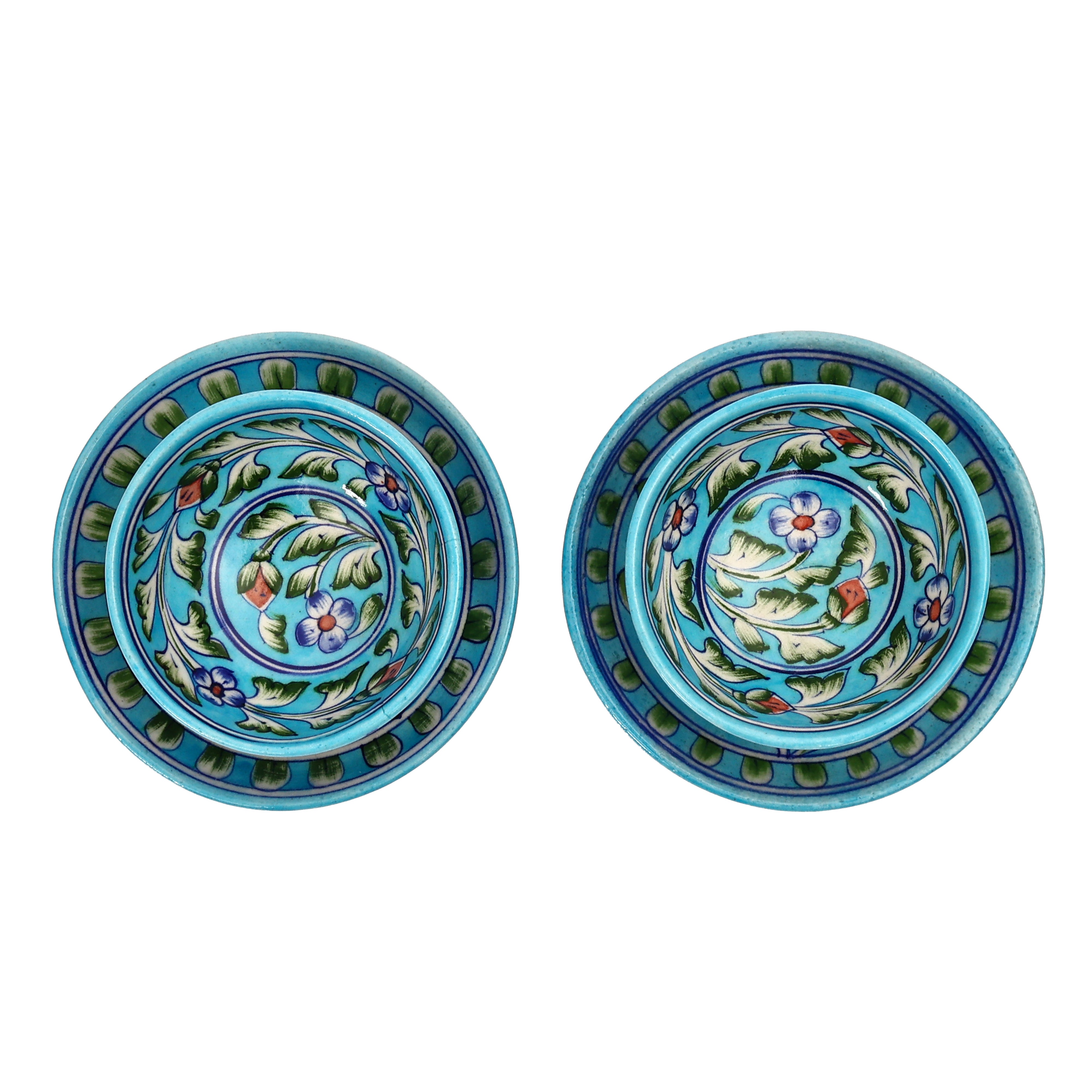 Turquoise Floral Jaipur Blue Pottery Snack Plate & Bowl Set – Handcrafted Elegance for Everyday Use