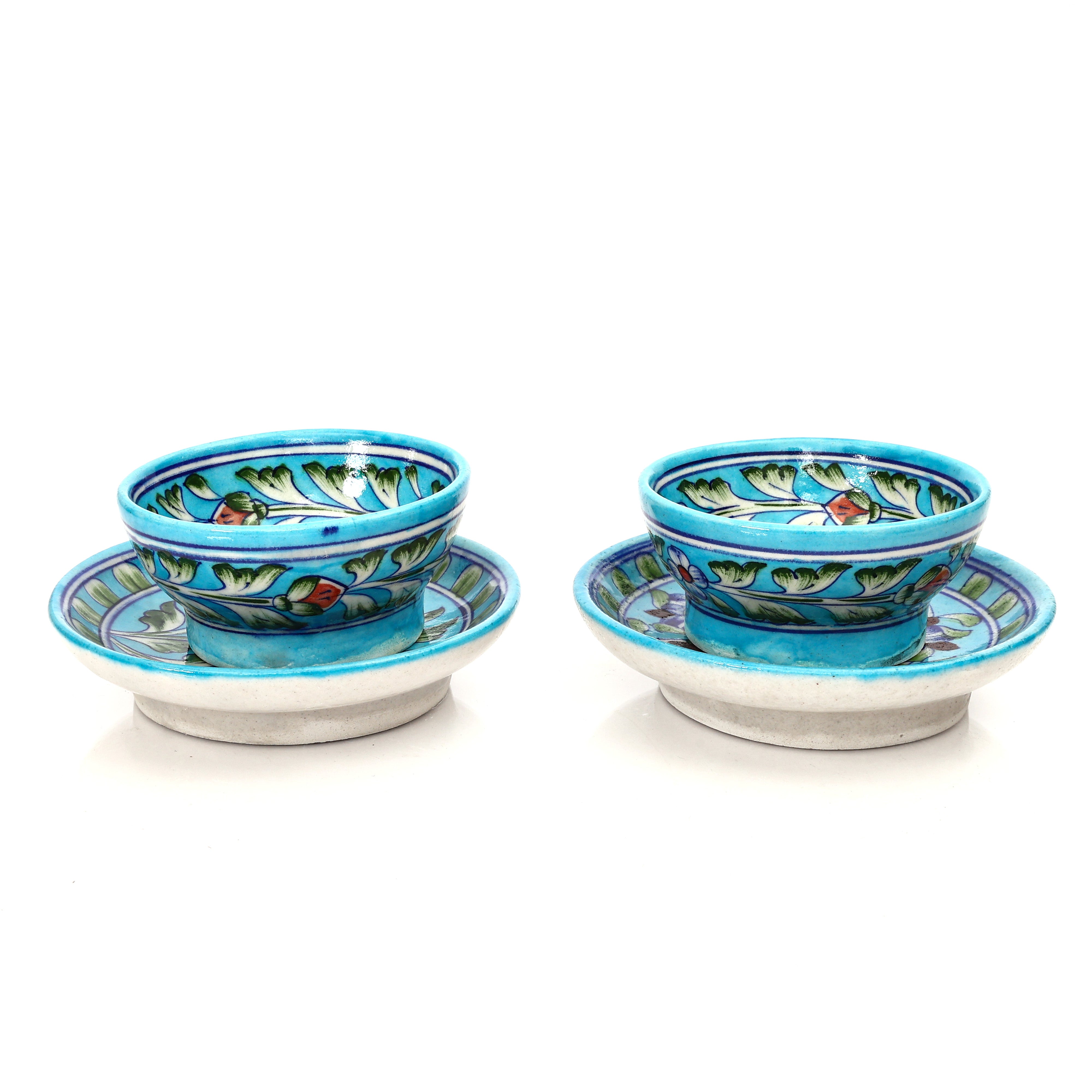 Turquoise Floral Jaipur Blue Pottery Snack Plate & Bowl Set – Handcrafted Elegance for Everyday Use