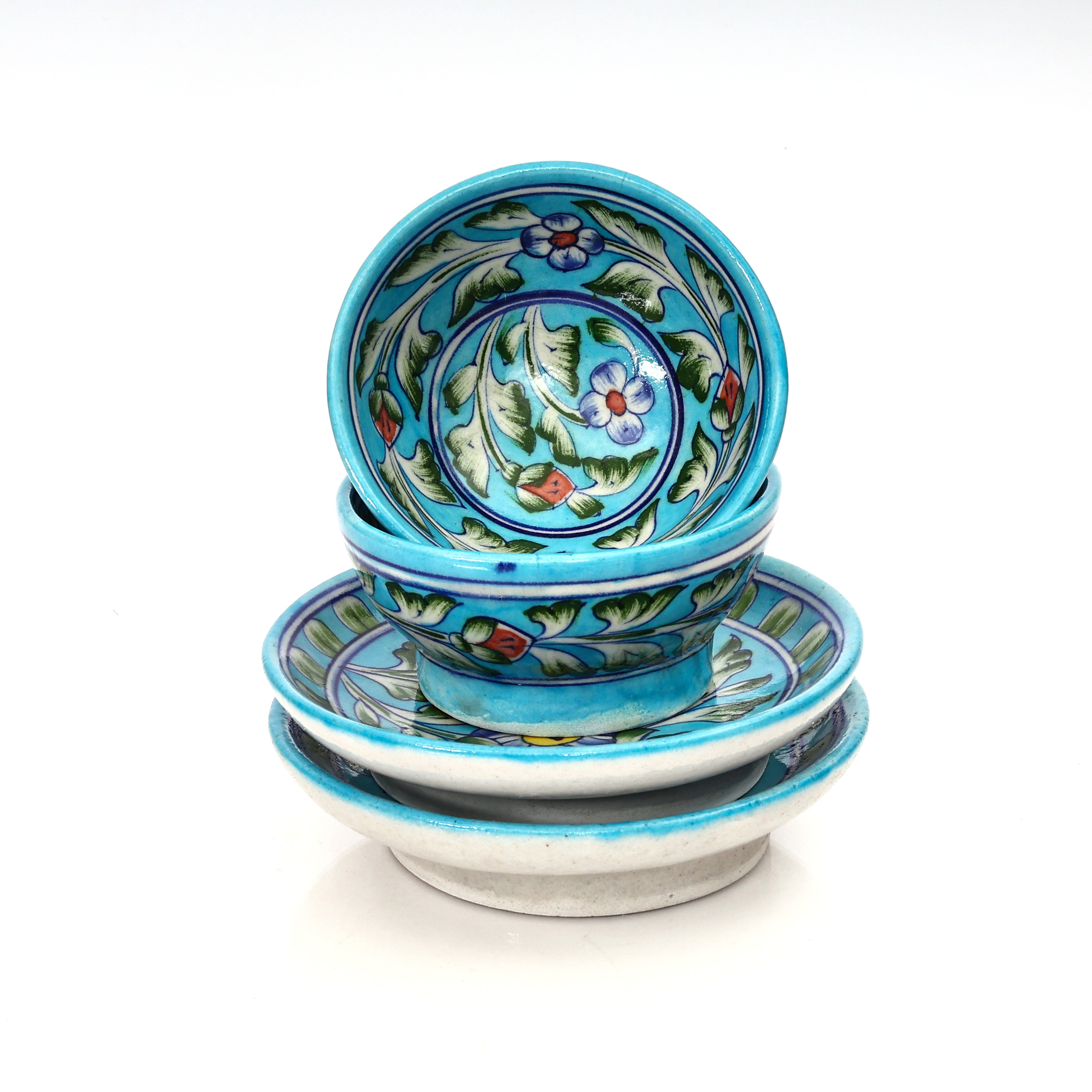 Turquoise Floral Jaipur Blue Pottery Snack Plate & Bowl Set – Handcrafted Elegance for Everyday Use