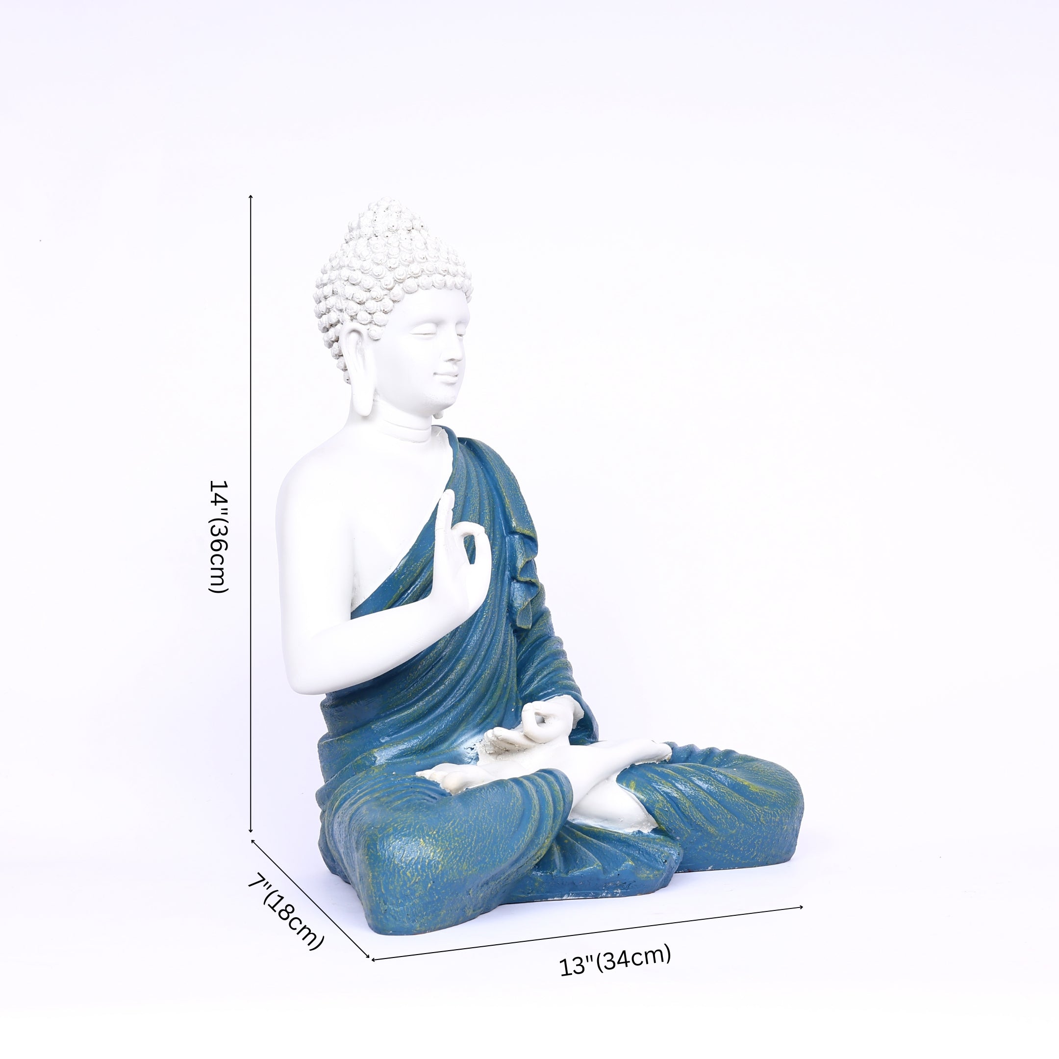 White Matte Finish Lord Buddha Statue—Blue Drapery Details
