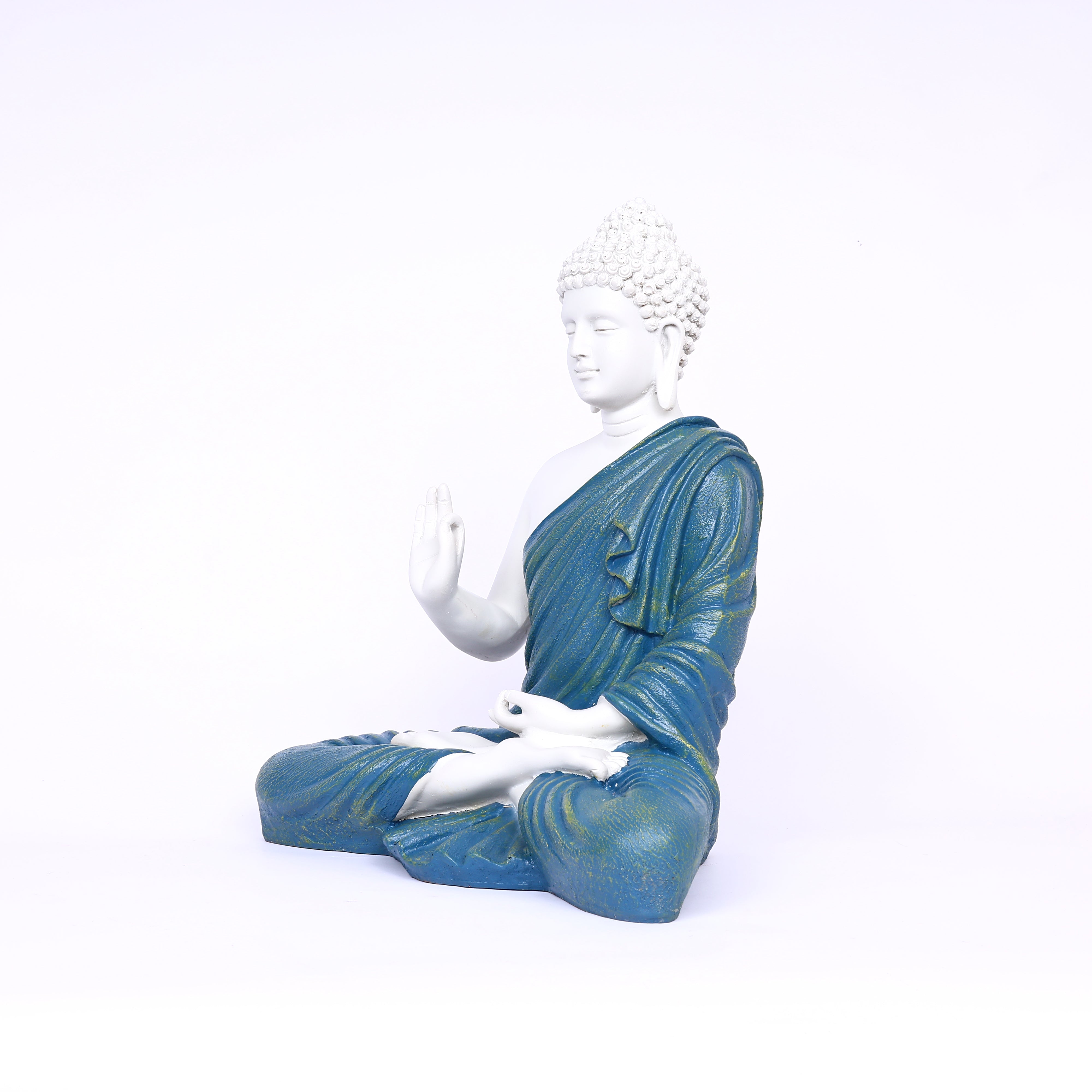 White Matte Finish Lord Buddha Statue—Blue Drapery Details