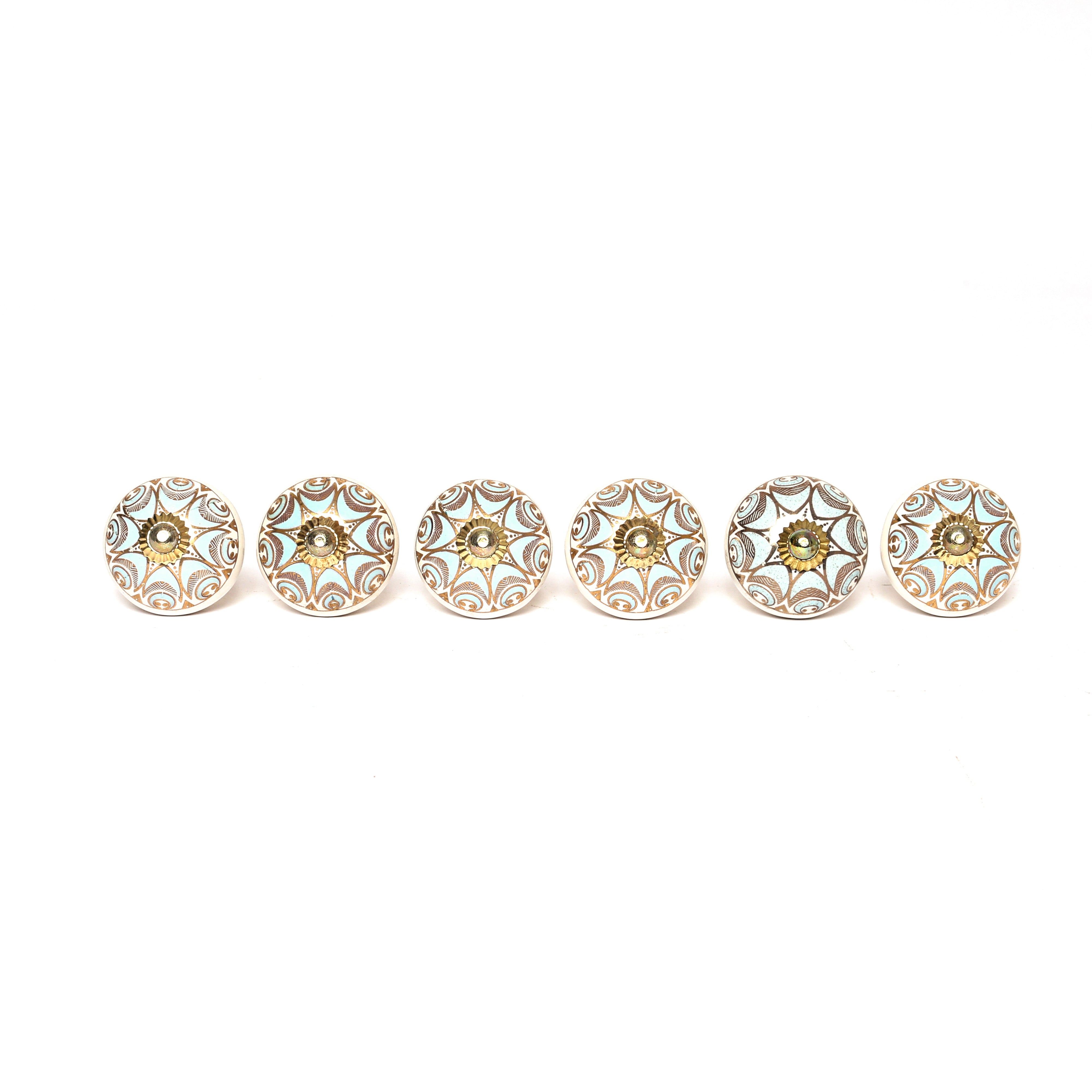 White and Blue Handcrafted and Hand painted Ceramic Knobs—Round Shaped—Set of 6—Abstract Pattern