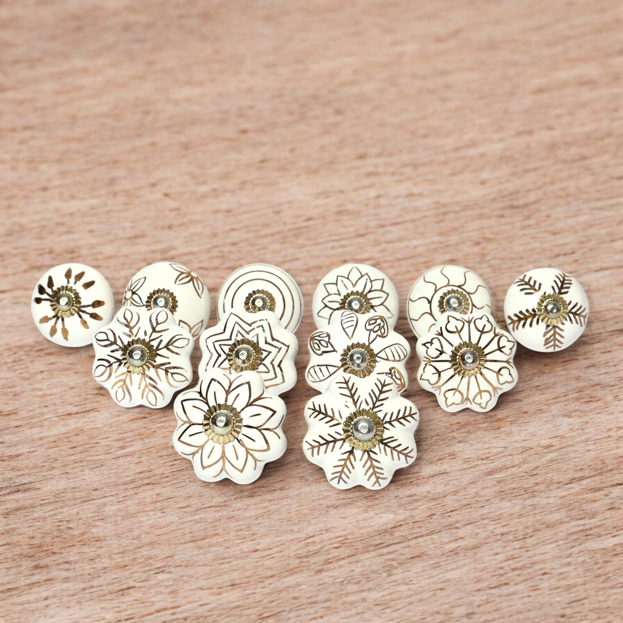 White and Golden Handcrafted and Hand painted Ceramic Knobs - Round and Melon Shaped - Set of 12 - Abstract Design