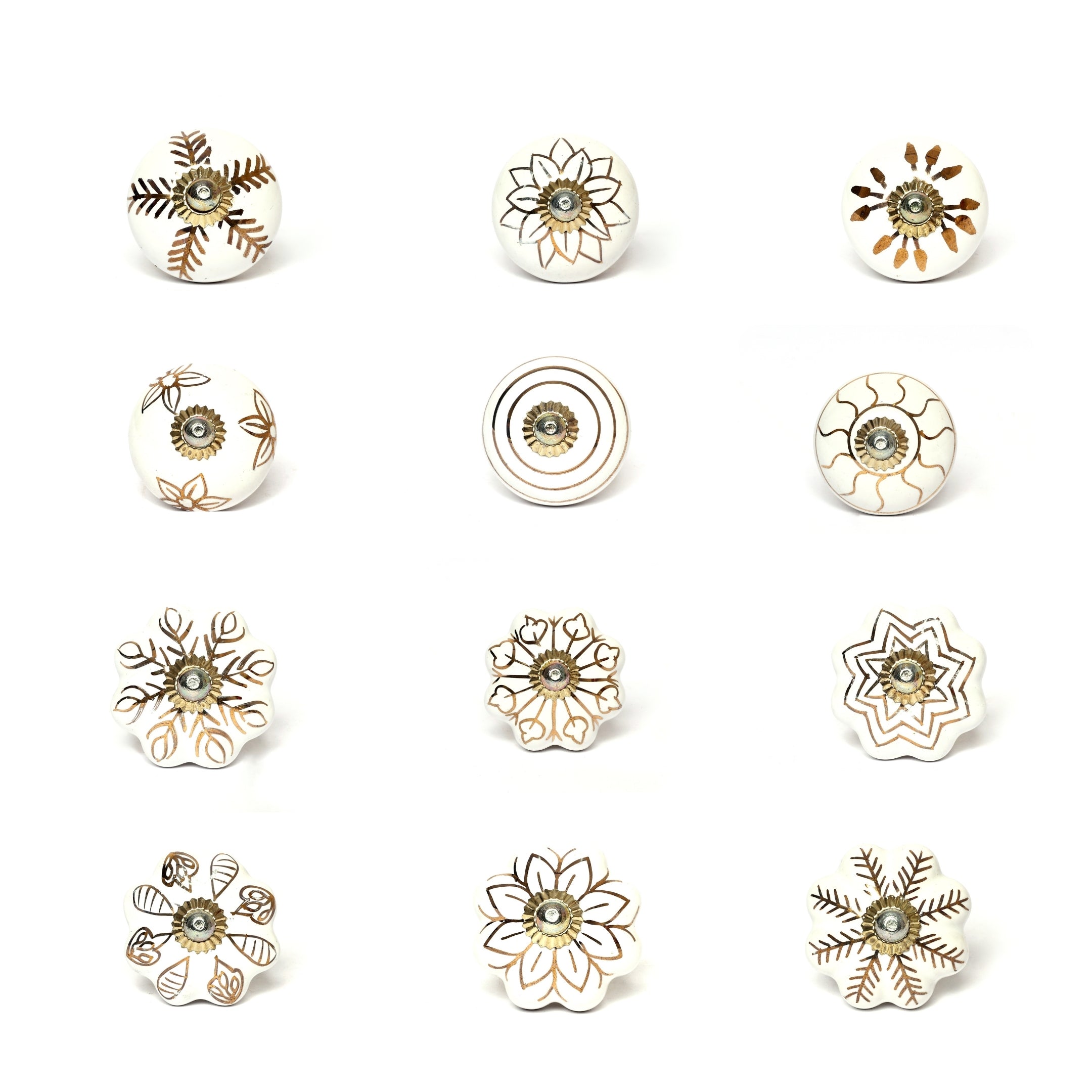 White and Golden Handcrafted and Hand painted Ceramic Knobs - Round and Melon Shaped - Set of 12 - Abstract Design