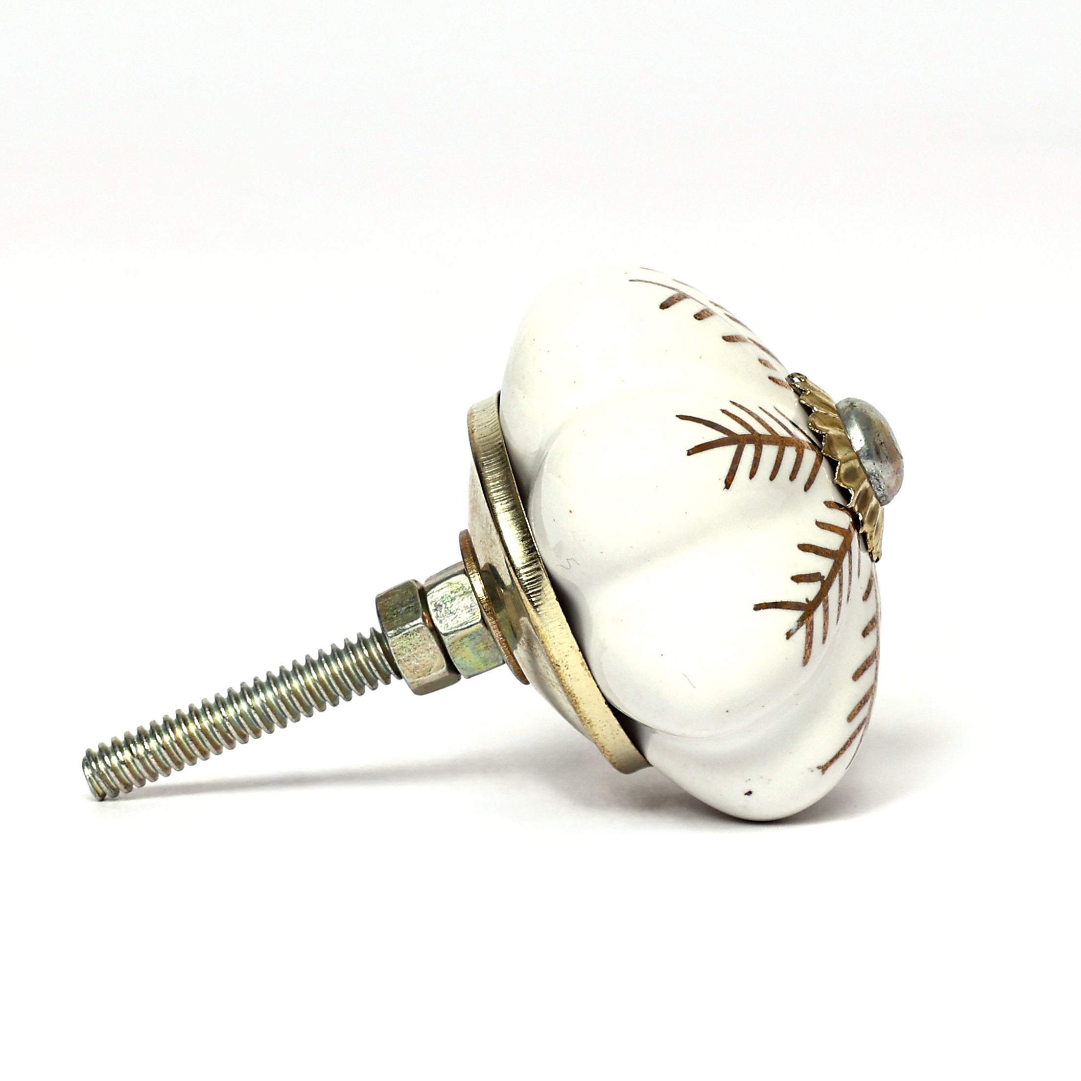 White and Golden Handcrafted and Hand painted Ceramic Knobs - Round and Melon Shaped - Set of 12 - Abstract Design