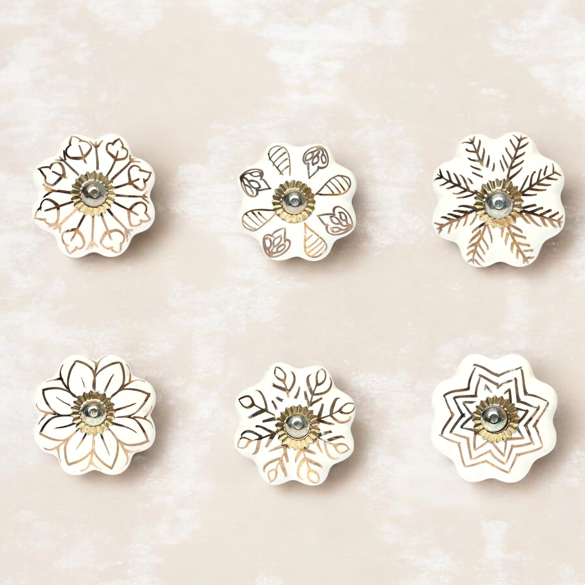 White and Golden Handcrafted and Hand painted Ceramic Knobs—Melon Shaped—Set of 6—Abstract Design