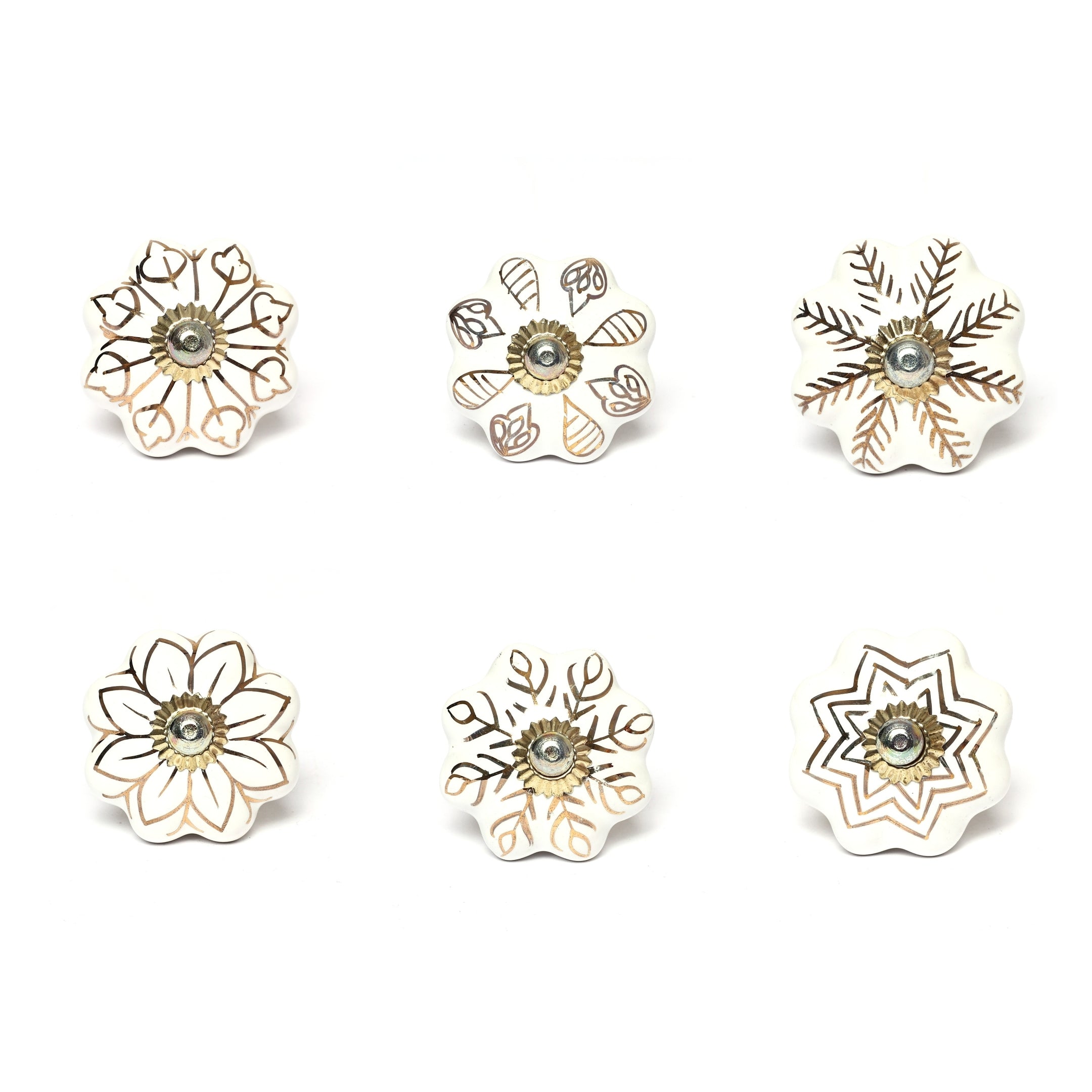White and Golden Handcrafted and Hand painted Ceramic Knobs—Melon Shaped—Set of 6—Abstract Design