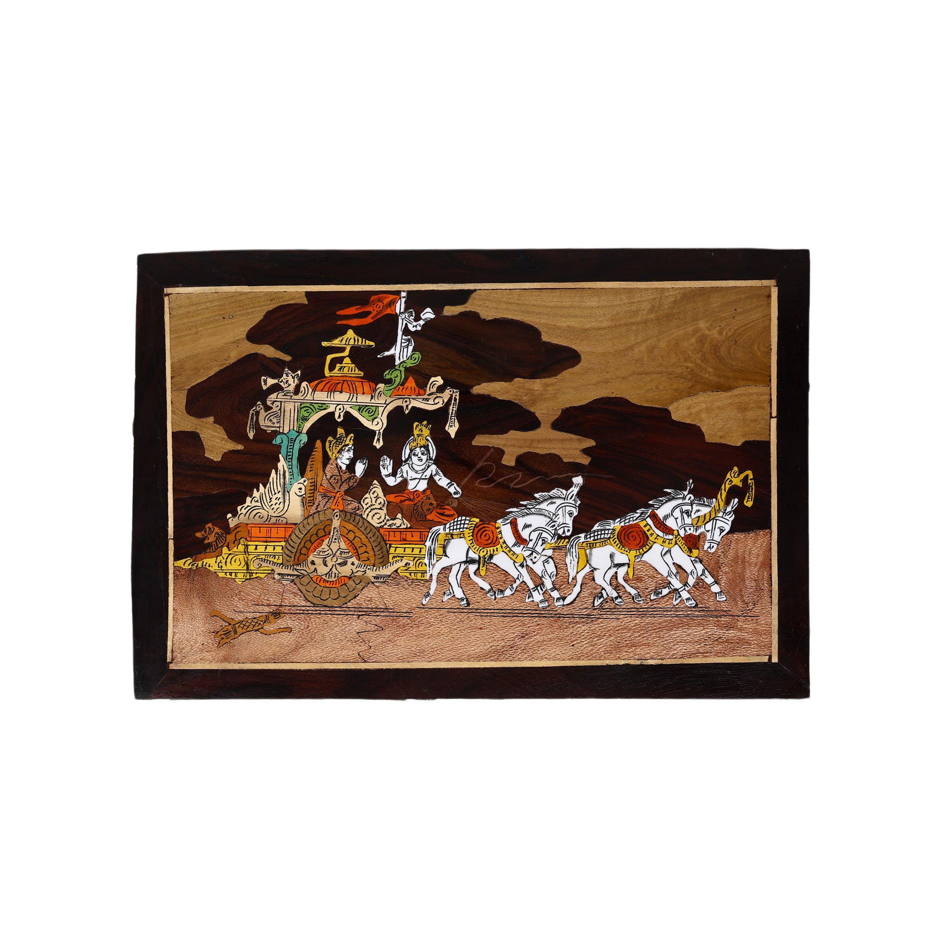 Wooden Mysore Inlay Painting of Lord Krishna and Arjun