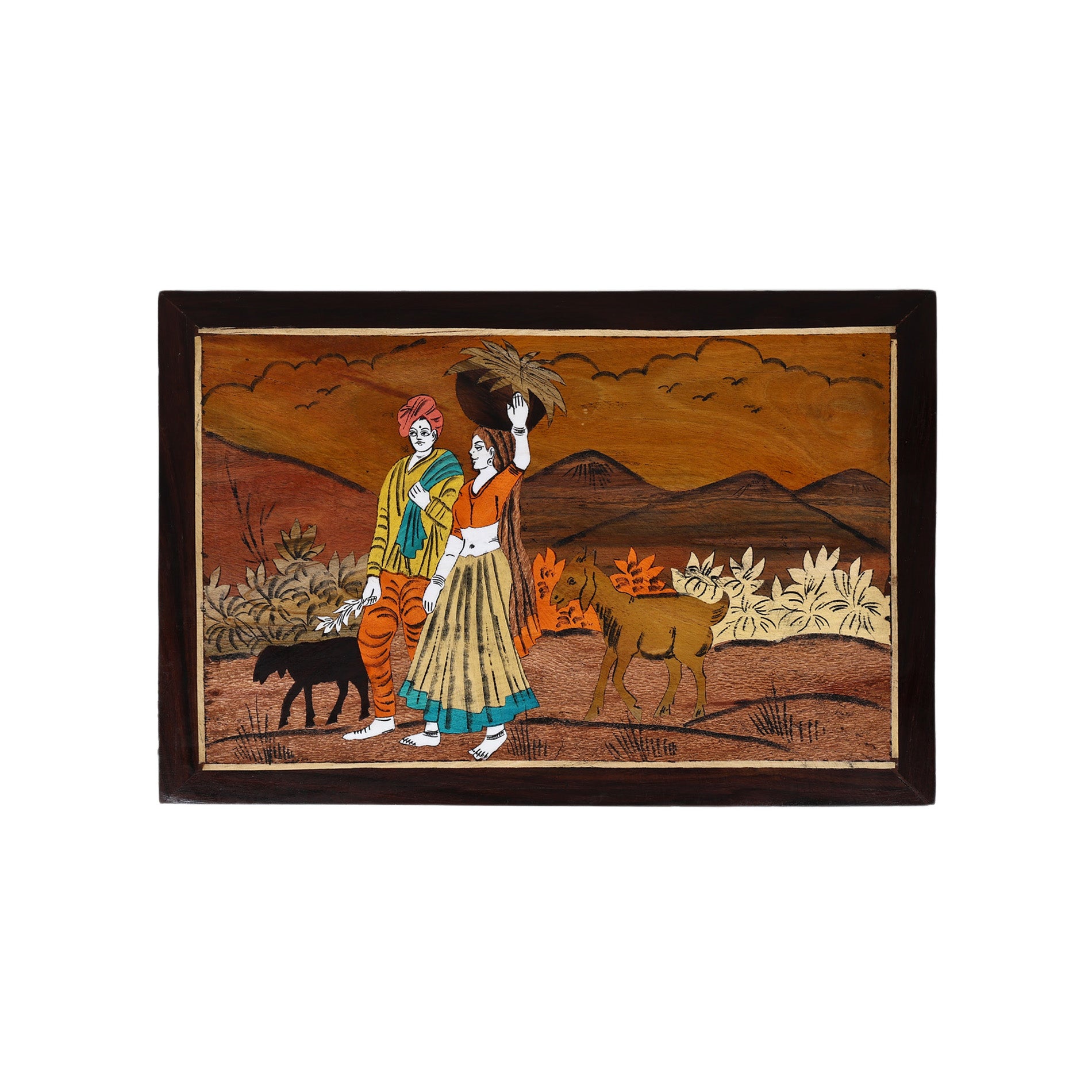 Wooden Mysore Inlay Painting of Rural Couple with Goats
