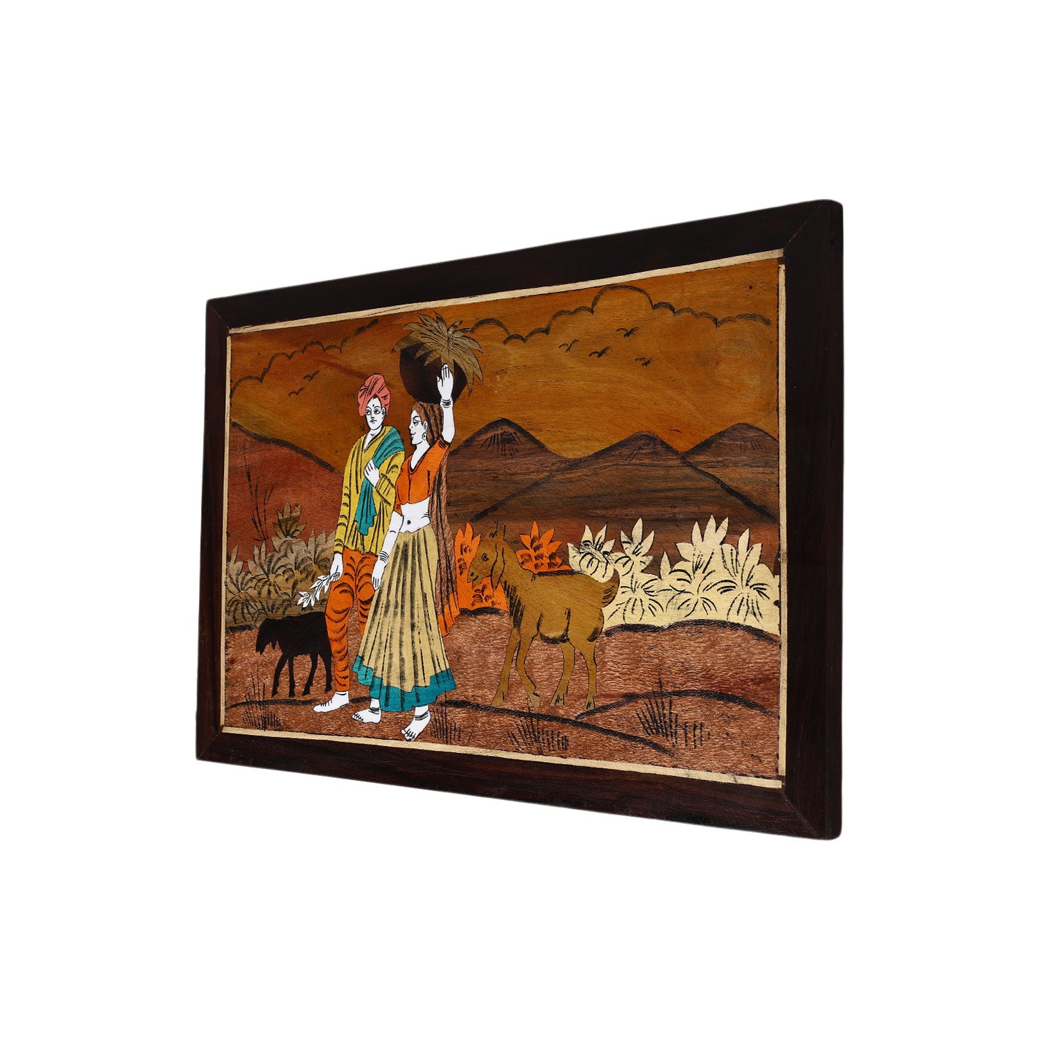 Wooden Mysore Inlay Painting of Rural Couple with Goats