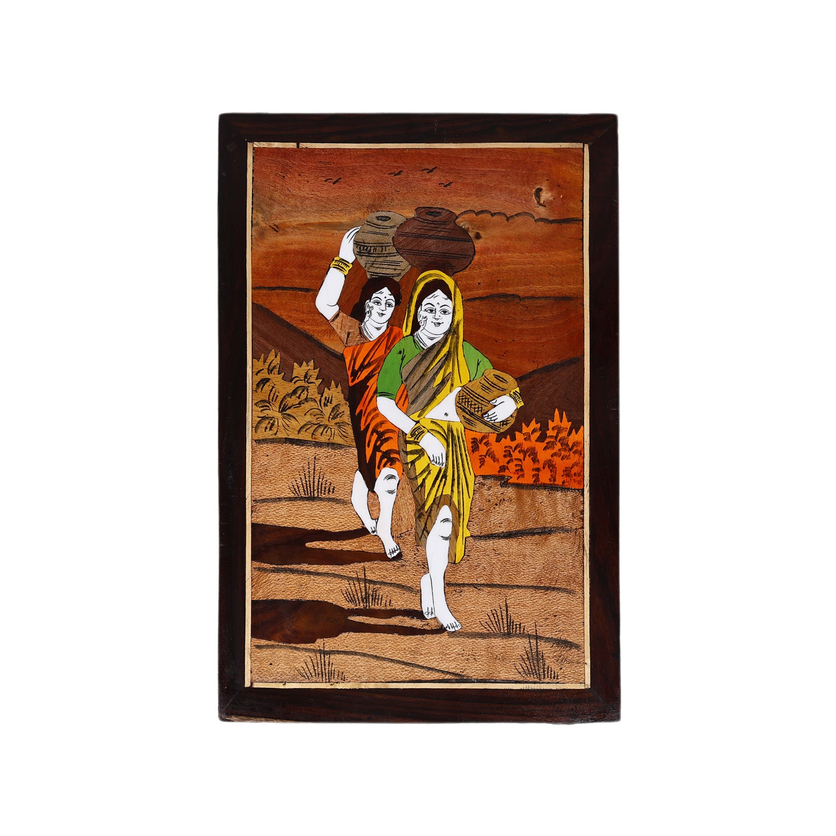 Wooden Mysore Inlay Painting of Rural Women Carrying Pots